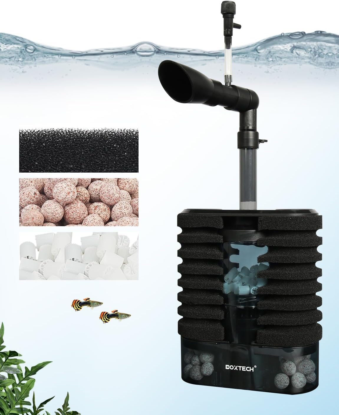 boxtech Aquarium Water Pump Filter, Adjustable Flow Rate 200L/H, USB Double Layer Sponge Filter with Water Pump for Aquarium 40-60cm With Water Pump 220L/H