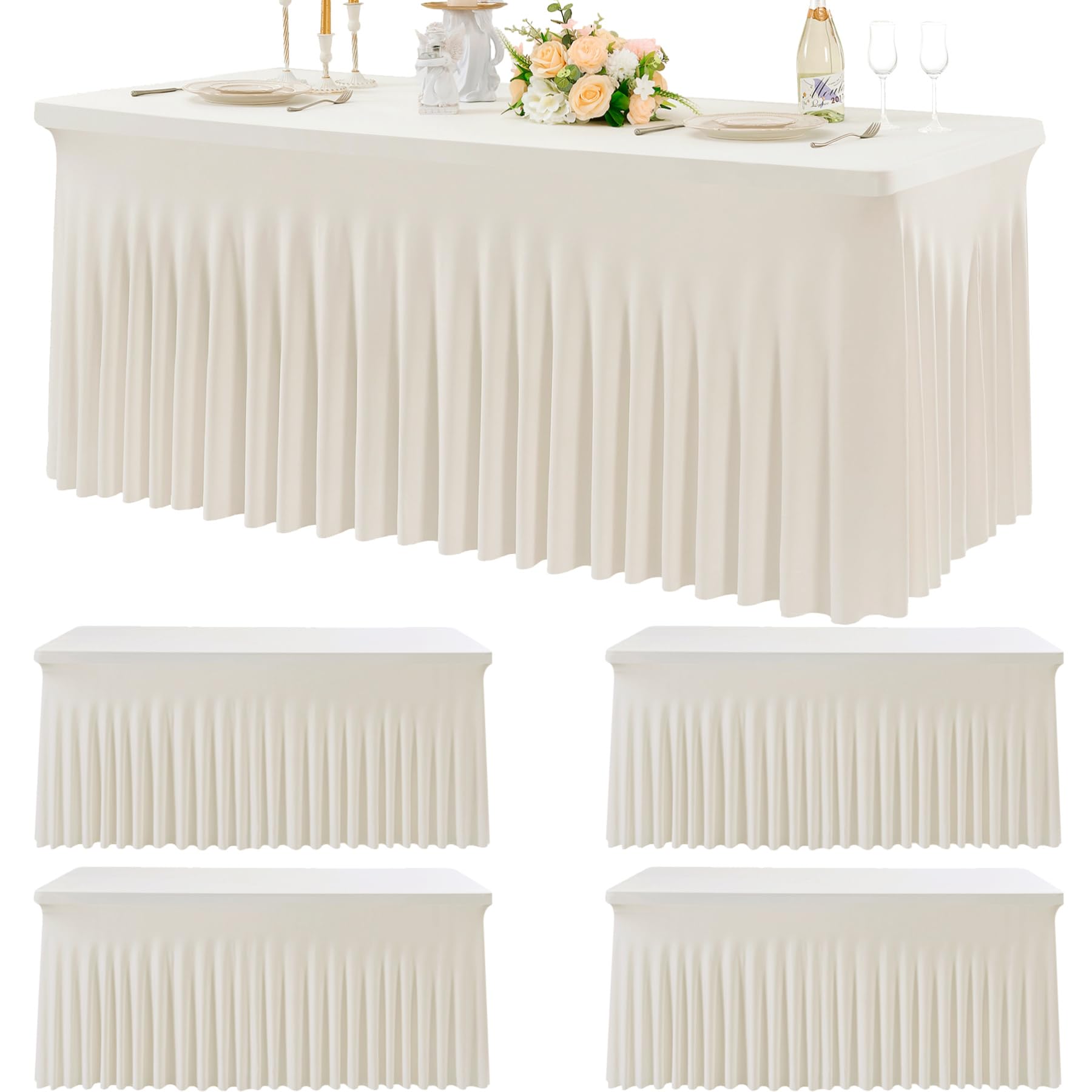 4pk spandex ivory tablecloths for 6 foot rectangle tables, stretch table cloth 6ft fitted tablecover skirt for parties weddings birthday banquet baby shower