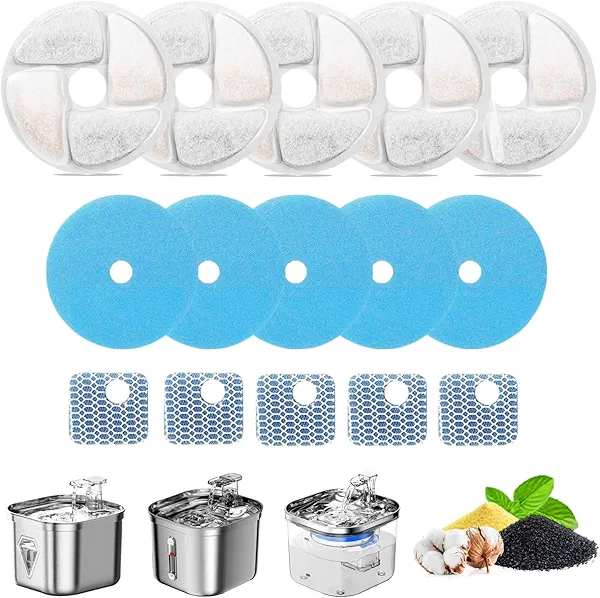 Cat Water Fountain Filter,Cat Fountain Filters Replacement for Square 2.2L/73oz Stainless Steel Pet Water Fountain,5 Pack Pet Fountain Filter Replacement
