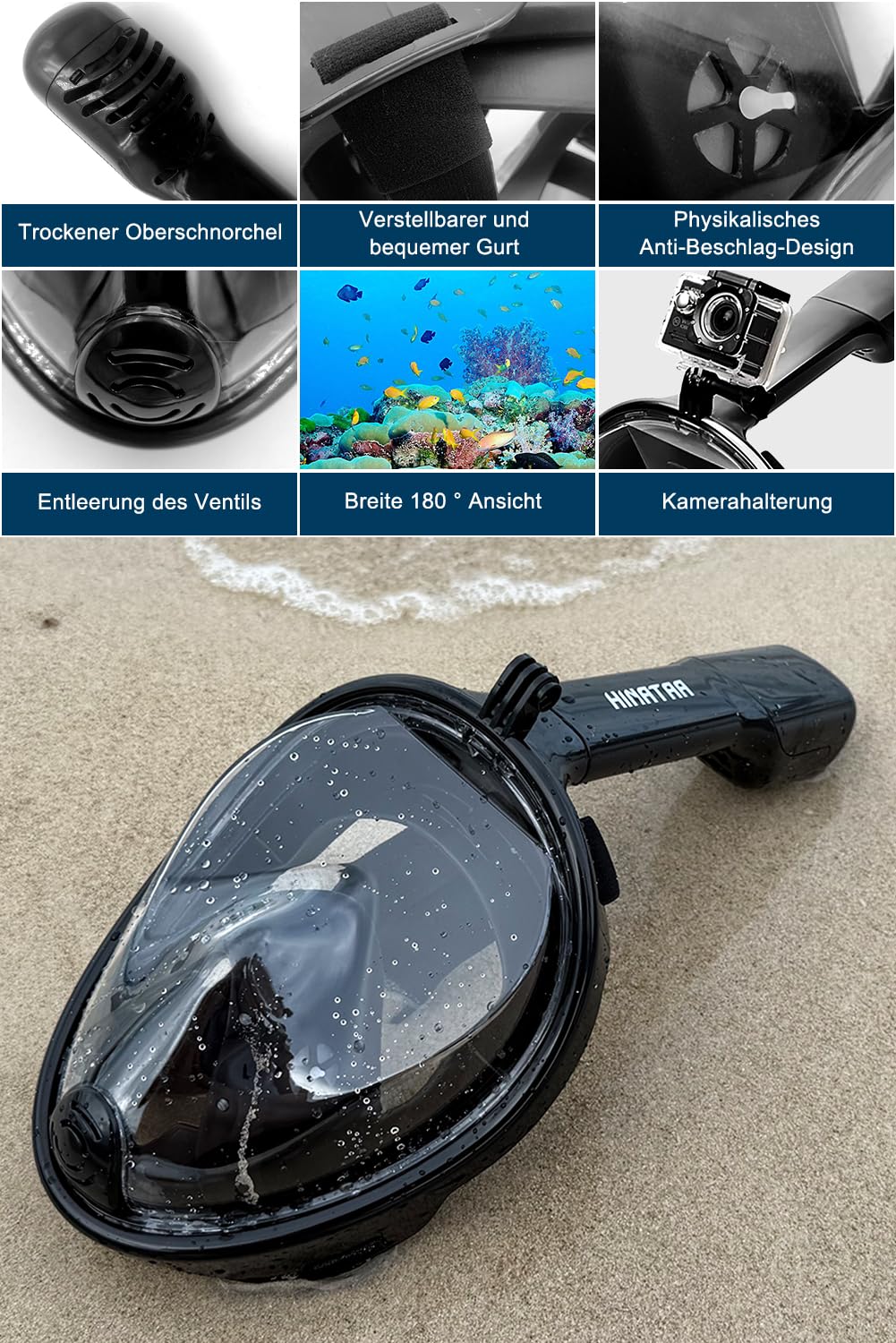 Schnorchelmaske, 180° Vollgesicht, Tauchmaske, freies Atmen, Anti-Beschlag- und Anti-Leck-Technologie mit verstellbaren Kopfbändern für Erwachsene, Jugendliche, Kinder