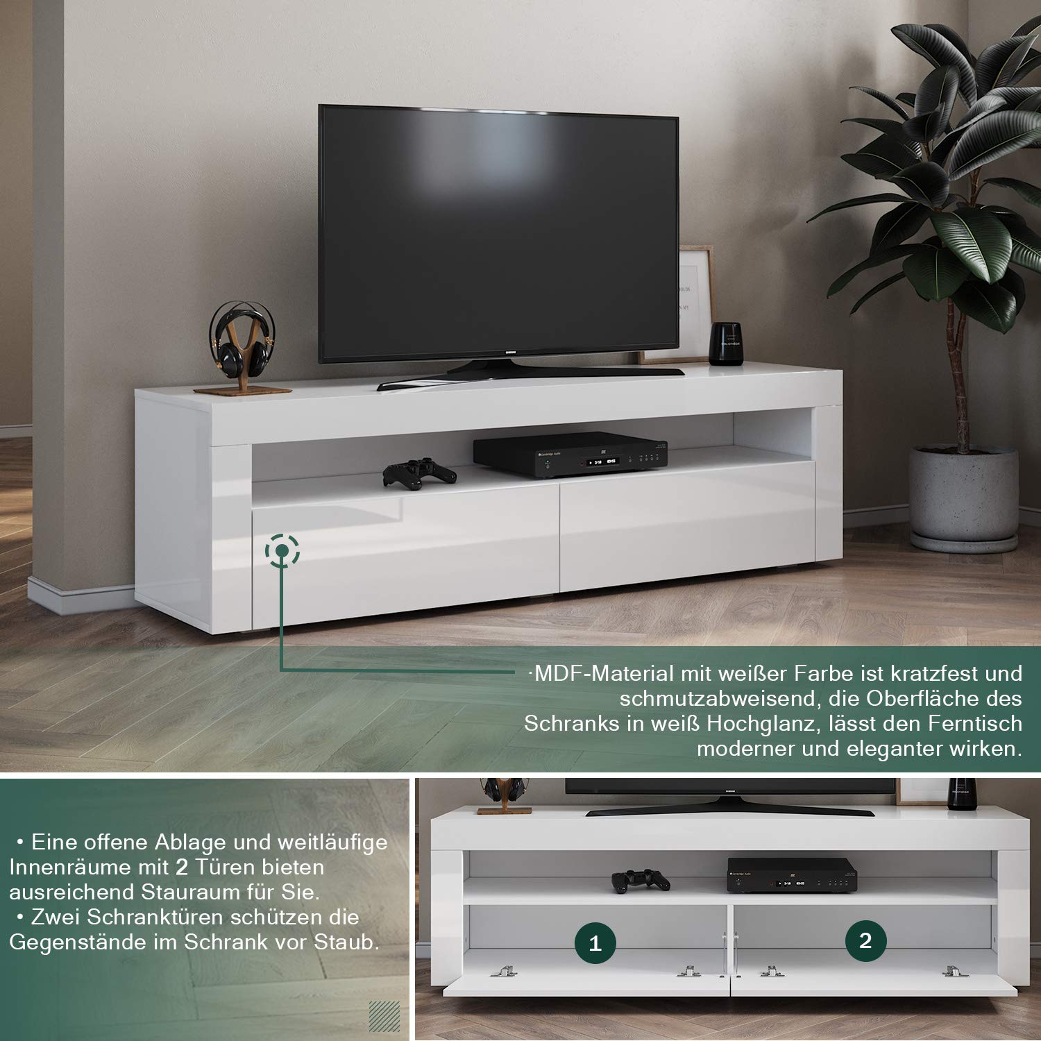 SONNI TV-Schrank mit LED (16 Farben), 2 Türen, Hochglanz Weiß, 155x40x45cm | Lowboard für Fernseher bis zu 60 Zoll, TV Board mit Großer Stauraum, TV-Regal für Wohnzimmer, Esszimmer, Schlafzimmer