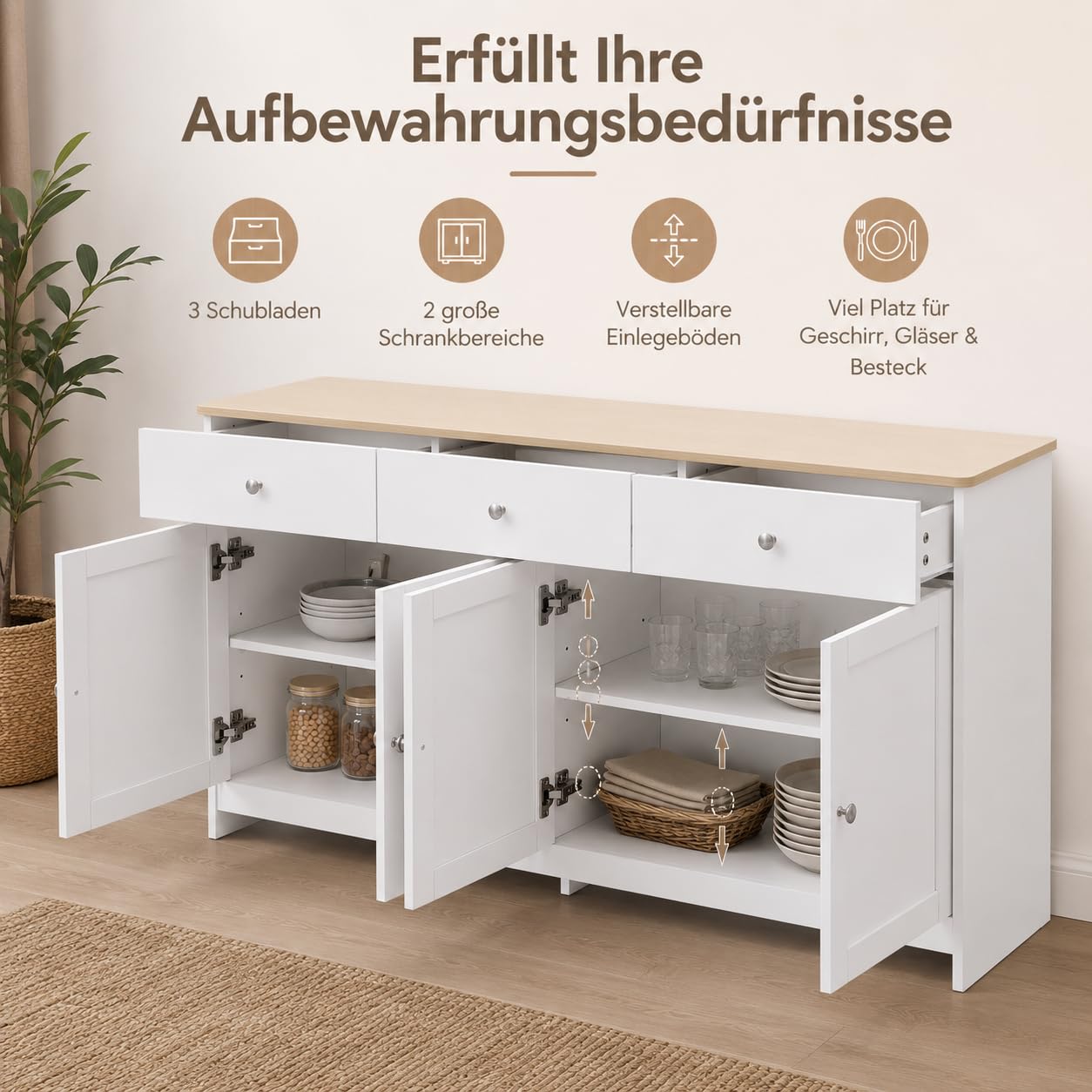Sideboard Wohnzimmer, Sideboard Weiss Holzmaserung, Küchenschrank Buffetschrank Mit 3 Stauraum Schublade Und 4 Türen, Kommoden Sideboards Für Wohnzimmer Esszimmer Flur
