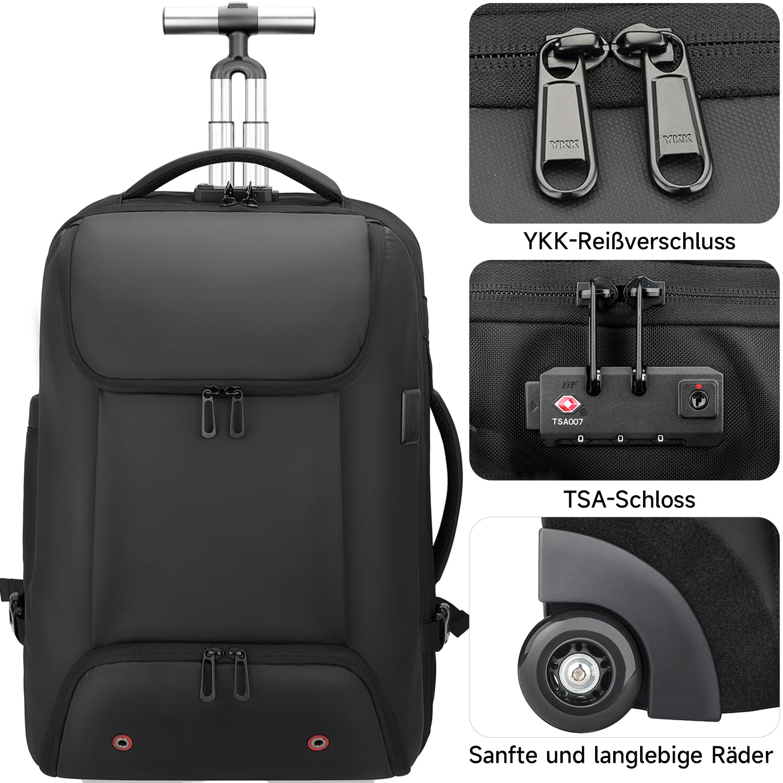 Reiserucksack mit rollen,17 Zoll Laptop trolley rucksack, Wasserfester Handgepäck-Rucksack mit USB-C-Anschlüssen, Diebstahlsicher für Reisen, Geschäftsreisen und Pendeln, Schwarz