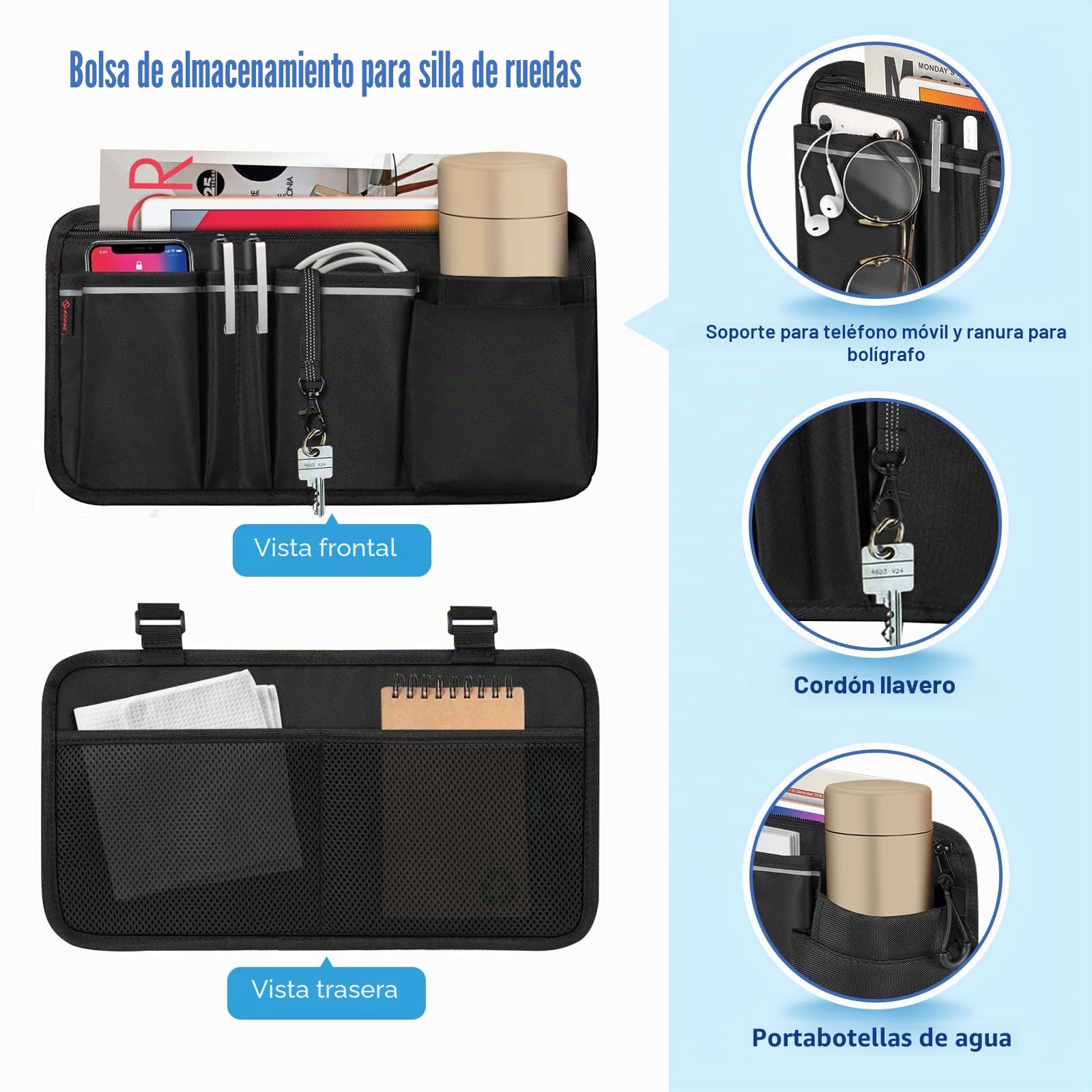 FINPAC Bolsa de Andador con Soporte para Bolígrafo, Plegable Silla de Ruedas Estuche con Tiras Reflectantes, Organizador de Accesorios para Walkers, Mobility Scooters, Rollators, (Negro)