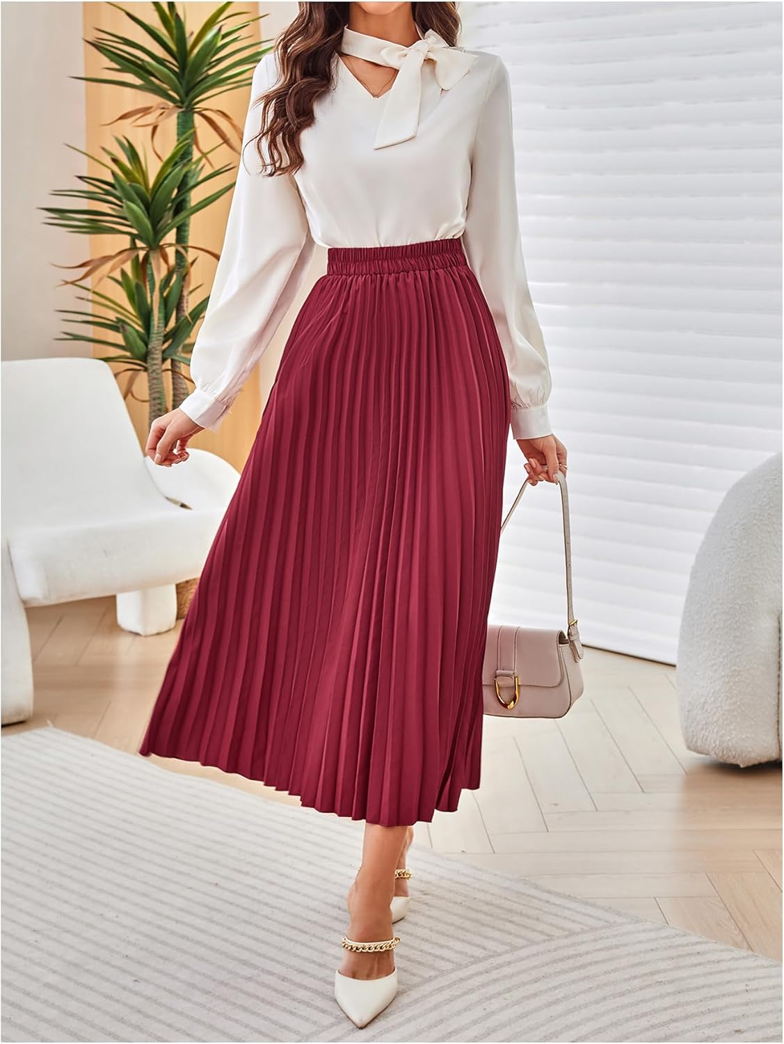 SweatyRocks Women's Casual Solid Longline Pleated Long Skirt - Image 6