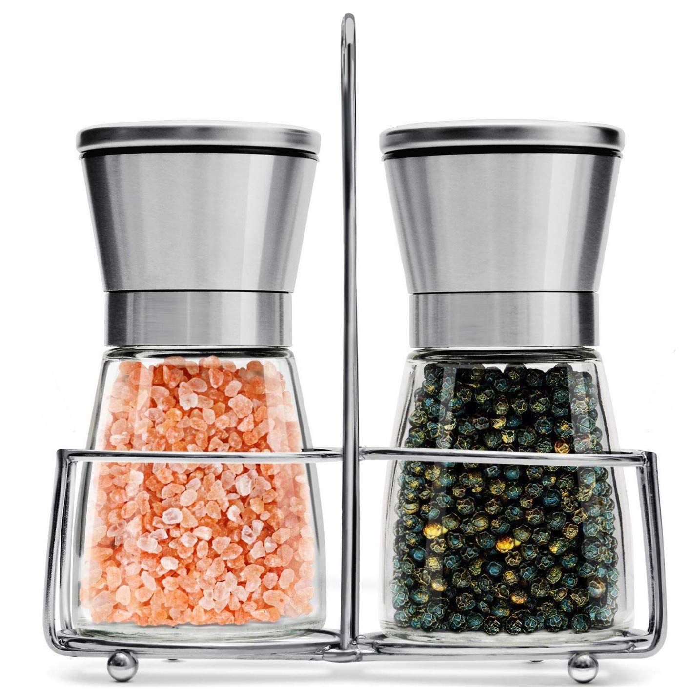 Salt and Pepper Grinders Refillable Set with Stand | Best Salt and Pepper Shakers - Adjustable Coarseness & Ceramic Mechanism - Premium Quality Stainless Steel & Glass - Salt and Pepper Mills - Gift