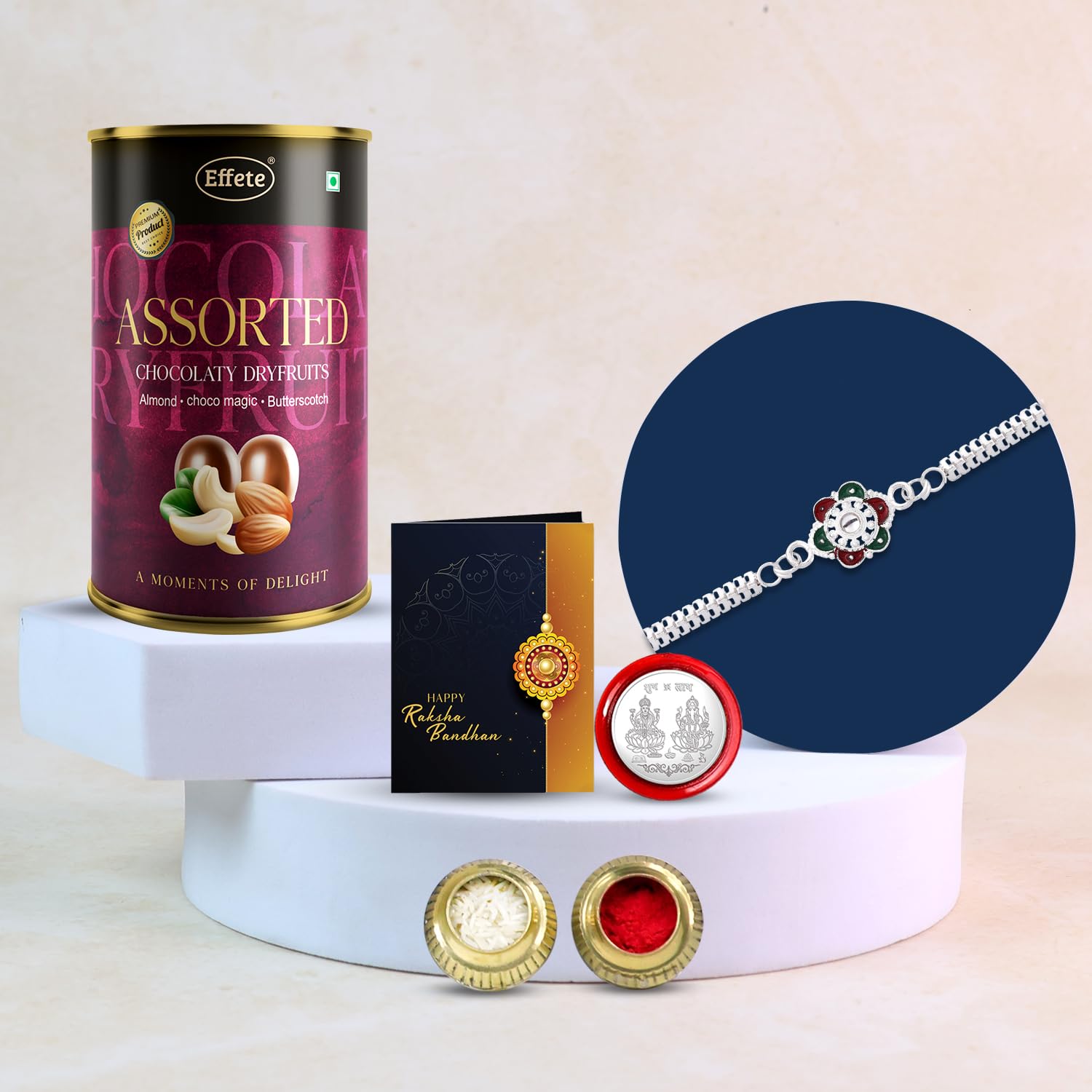 DeoDap Chocolate with Rakhi Set for Brother – Silver Color Flower Design & Red Green Mina Rakhi with Choco Dry Fruits (96 GM) – Silver Color Pooja Coin & Greeting Card, Raksha Bandhan Combo for Bhai-picture-10