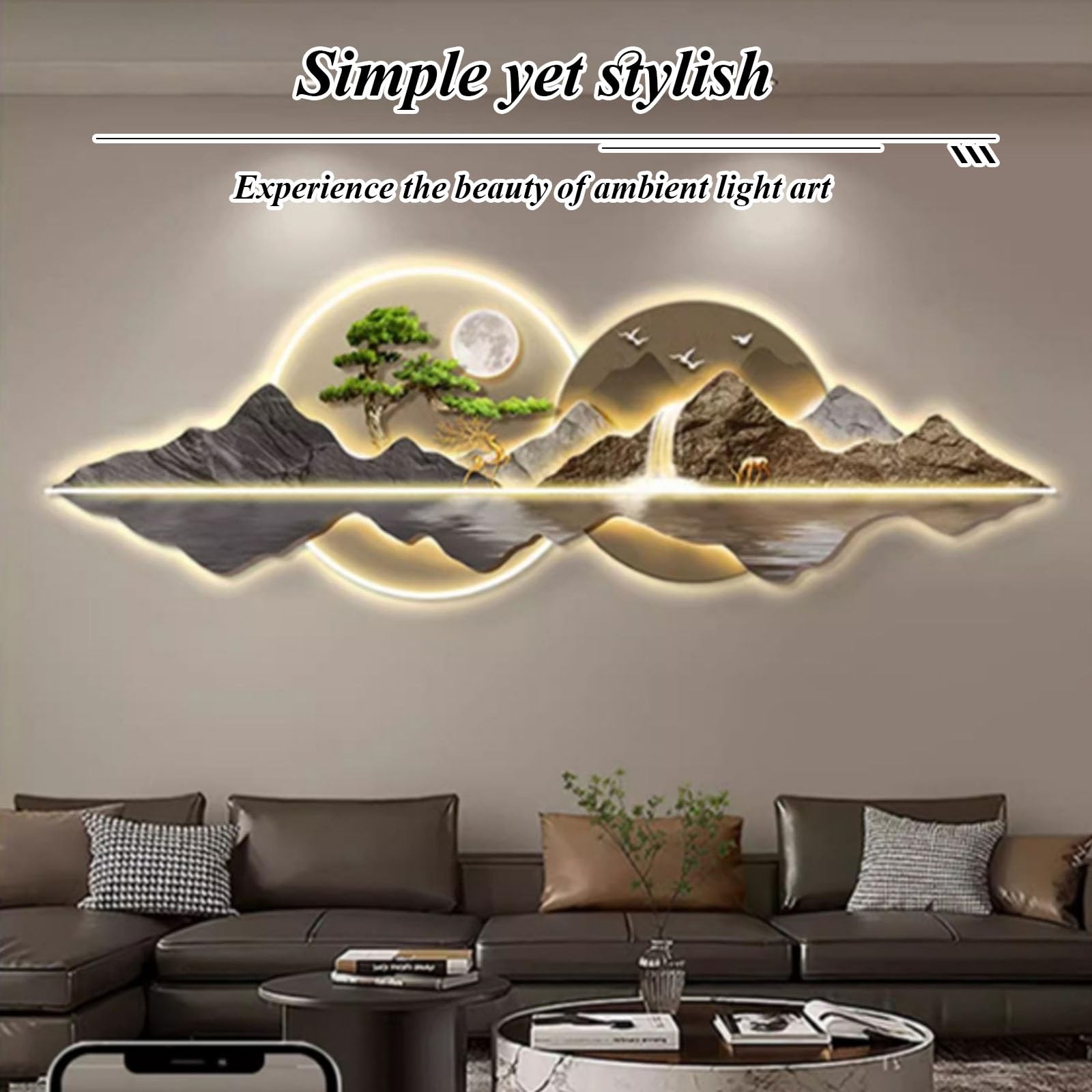 Wandkunst mit warmweißem LED-Licht，3D-Wandkunst LED-Beleuchtung – moderne chinesische Landschaftsmotive，Dekorative LED-Wandleuchten für Wohnzimmer,Schlafzimmer und Büros(B,150*50cm/59.1*19.7in)