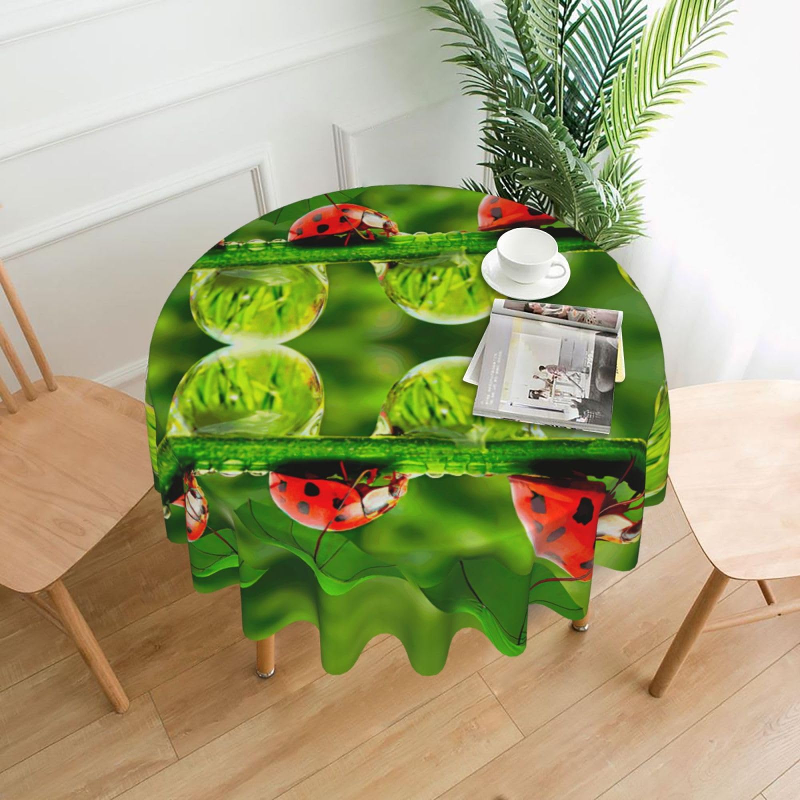 Uusnwaa Funny Ladybug Holding Umbrellas Print Round Tablecloth 60 Inch, Stain Wrinkle Resistant Washable Polyester Table Cover For Kitchen Party