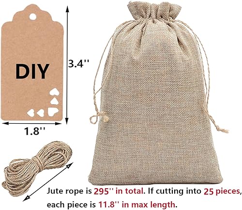 Miniatura 2 de Bolsas de arpillera, 25 paquetes de bolsas de regalo con cordón y etiqueta de arpillera para caramelos, bolsillos de lino para bodas, cumpleaños,