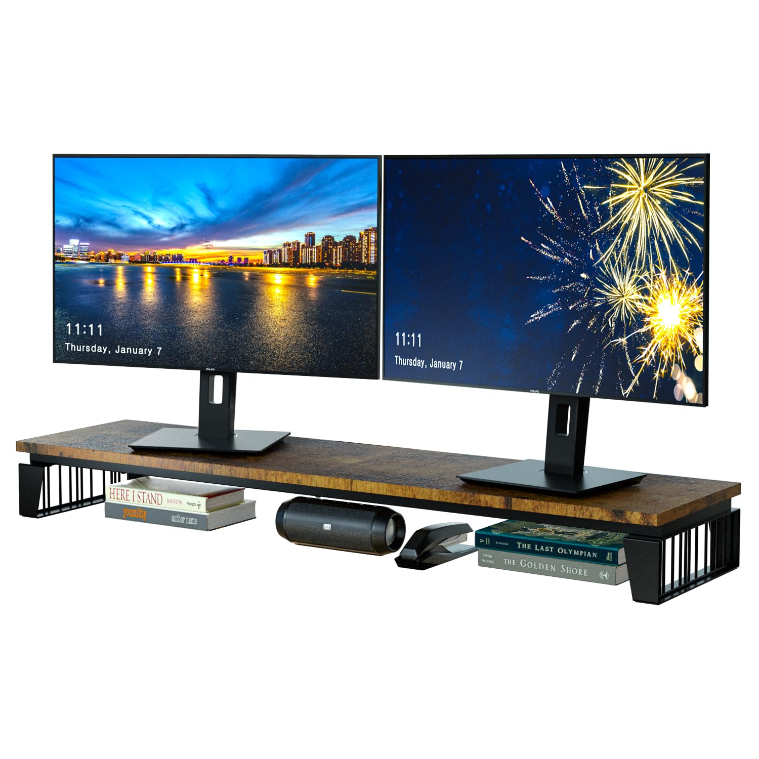 J JACKCUBE DESIGN Dual Monitor Stand Riser 42 Inch Long Rustic Wood & Steel Computer Desktop, TV Monitor Screen Laptop Keyboard Riser, Ergonomic Desk Tabletop Organizer for Office Accessories- MK881A