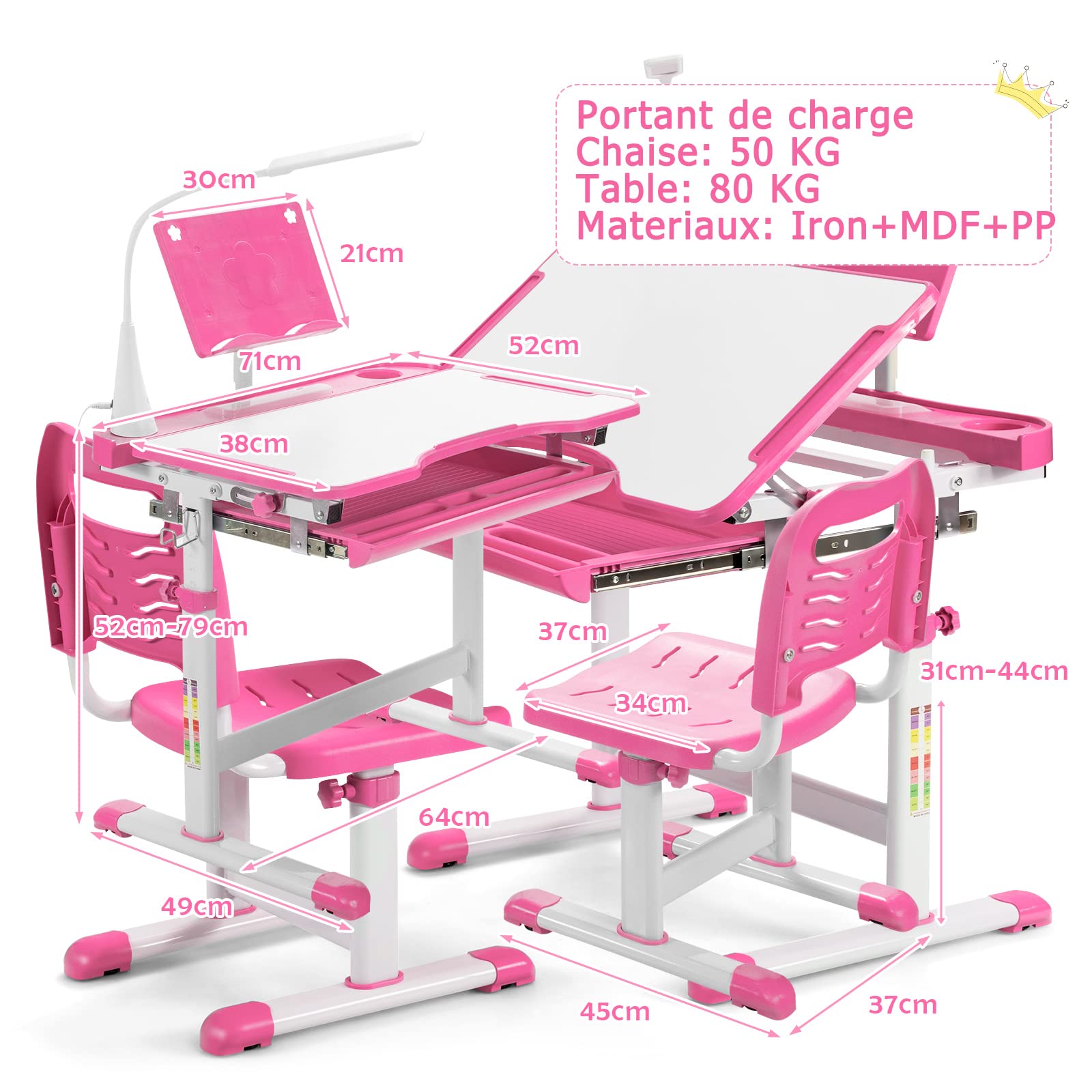 DREAMADE Bureau Enfant avec Tiroir, Support de Lecture et Lampe LED Dimmable, Hauteur et Angle Réglables, Bleu/Rose