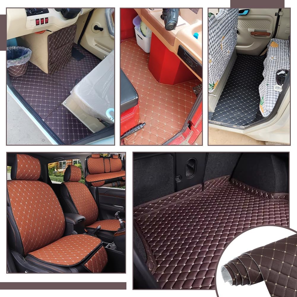 MAYJOYDIY 2.1 Yards Quilted Foam Fabric Faux Leather Fabric 61 inch Diamonds Pattern Leather Fabrics with Brown Stitch for Car Automotive Interior Furniture Upholstery (Brown)
