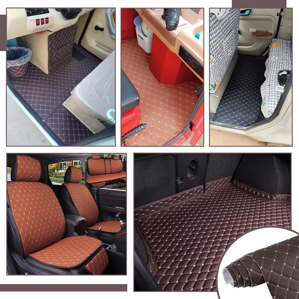 MAYJOYDIY Tela de espuma acolchada de piel sintética de 1,55 m con patrón de diamantes con puntada marrón para tapicería de muebles de interior de automóvil, color marrón