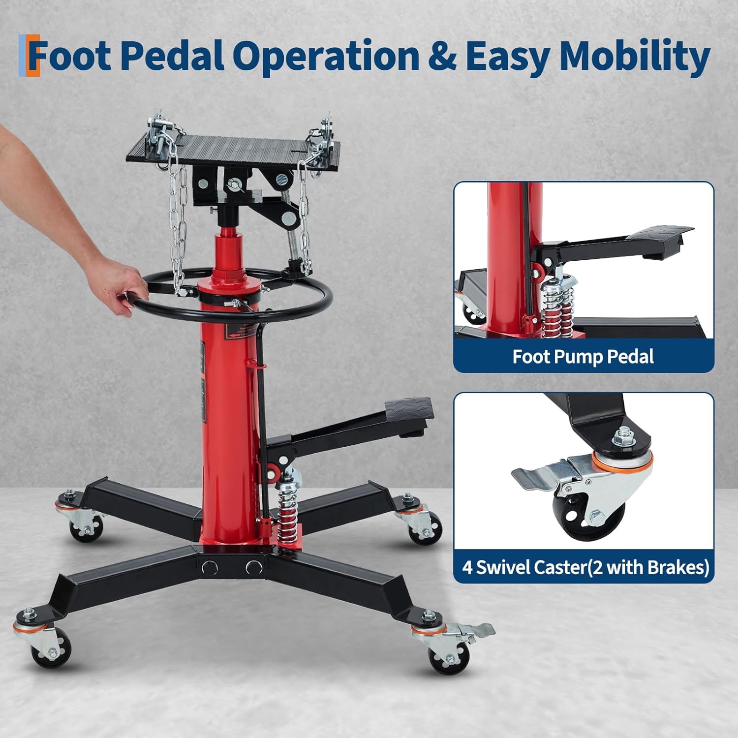 Hydraulic Transmission Jack, 1322 LB Capacity High Lift Transmission Lift with 360° Rotation & Tilting Saddle, for Garage & Auto Shop Use