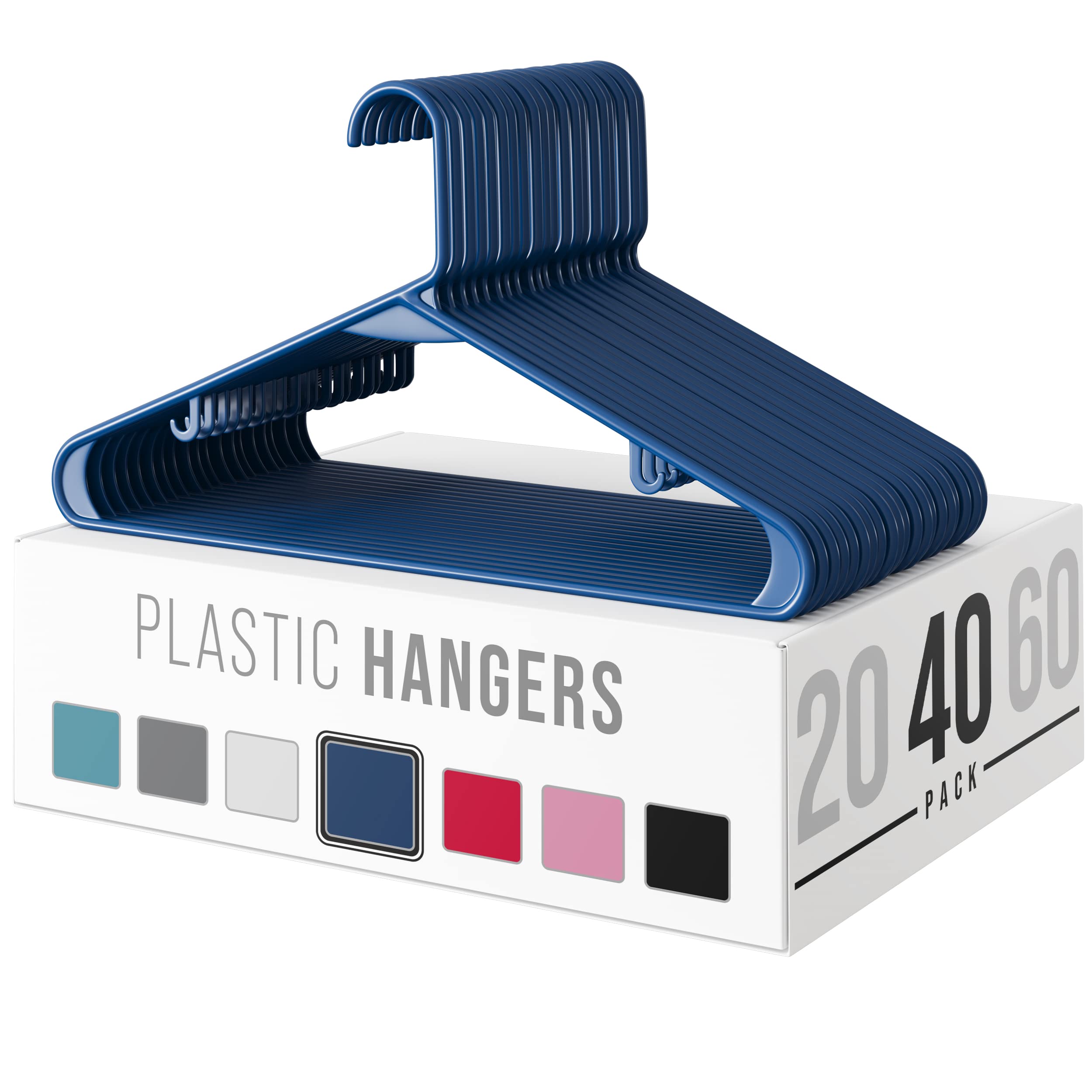 NEATERIZE Plastic Clothes Hangers | Heavy Duty Durable Coat and Clothes Hangers | Vibrant Colors Adult Hangers | Lightweight Space Saving Laundry Hangers | 20, 40, 60 Available (40 Pack - Navy)