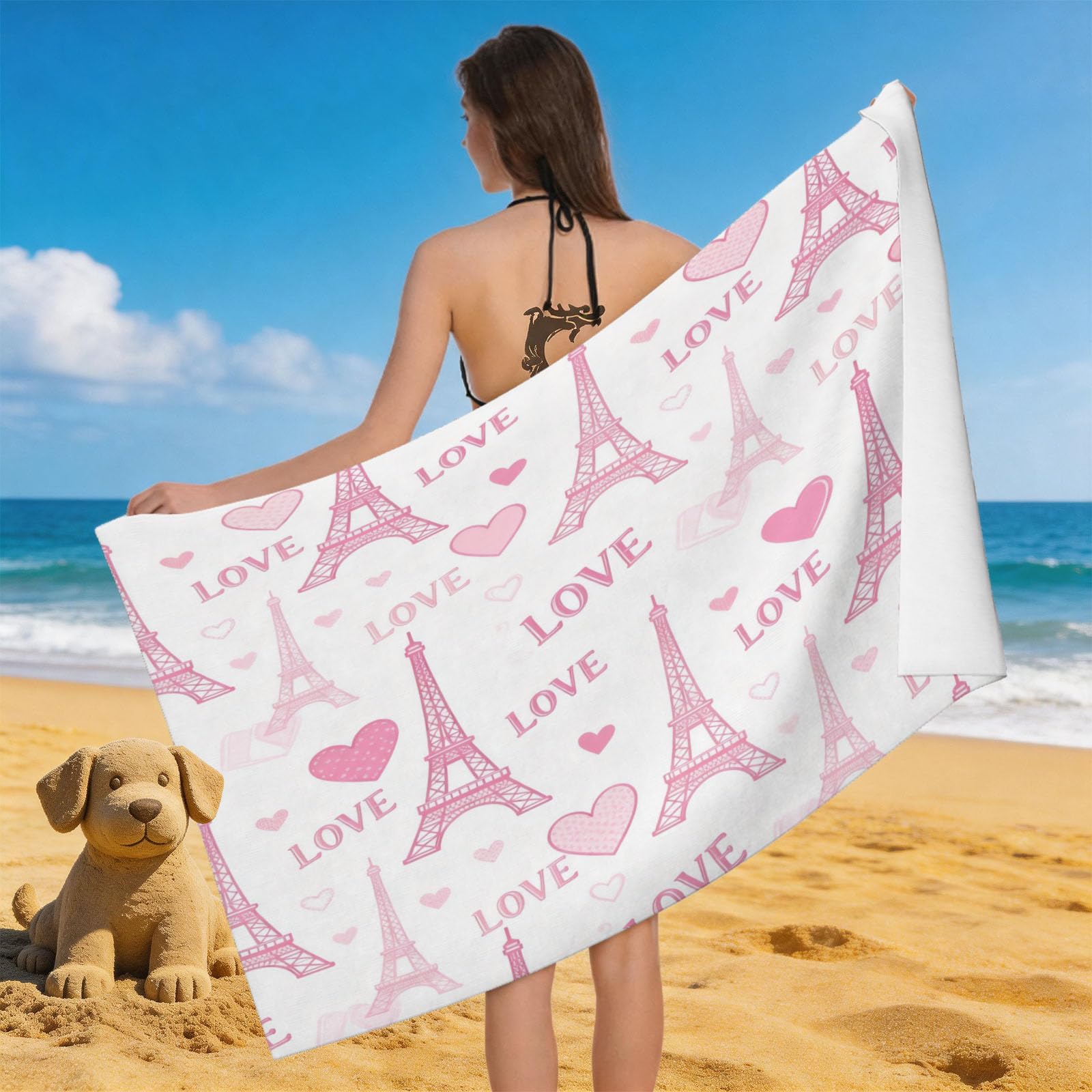 Leichong 3D Eiffel Tower Beach Towel Microfiber Soft Quick Dry for Adults, Love Heart Bath Towel Lightweight Soft Absorbent for Travel Swimming Pool Sports, 75 x 150 cm