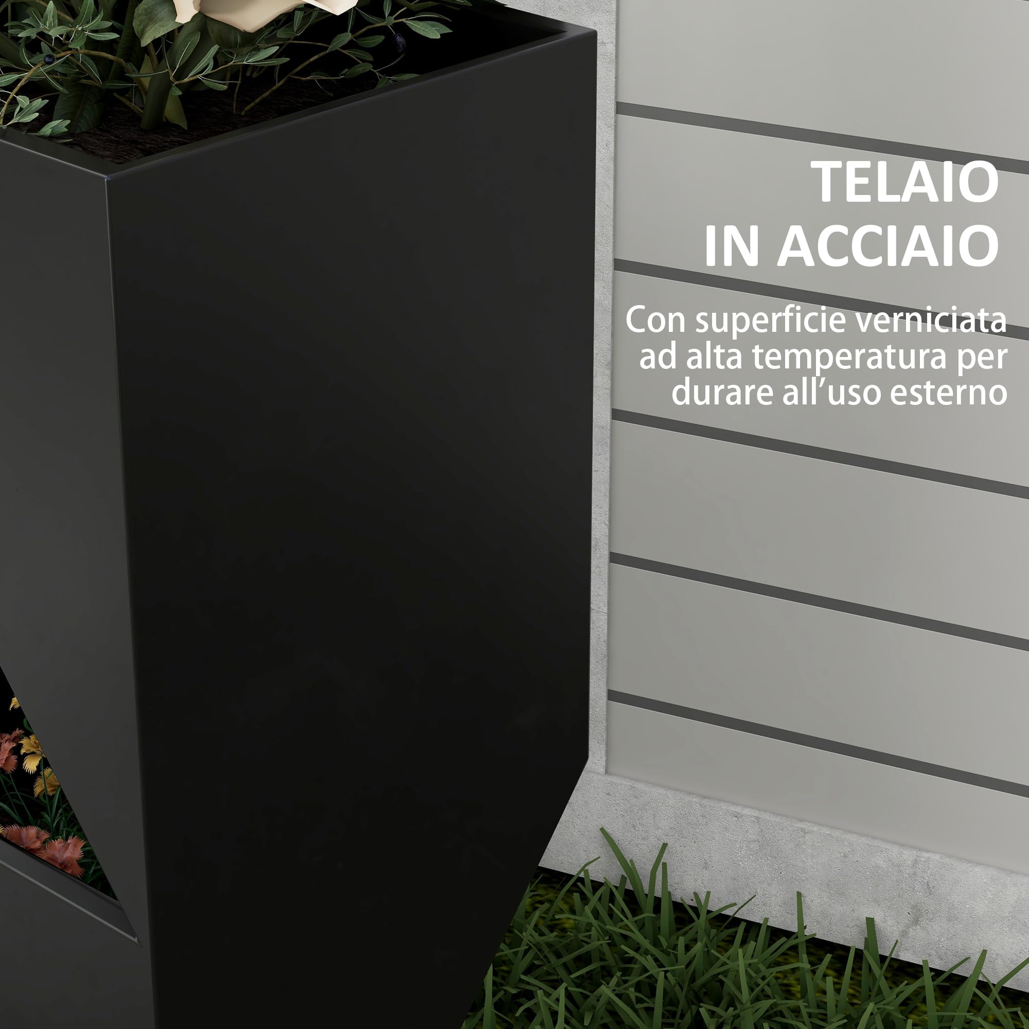 Outsunny Fioriera da Esterno con 3 Aree Coltivazione Nero 30x30x100 cm | Fori di Drenaggio, Vaso Fioriera in Metallo