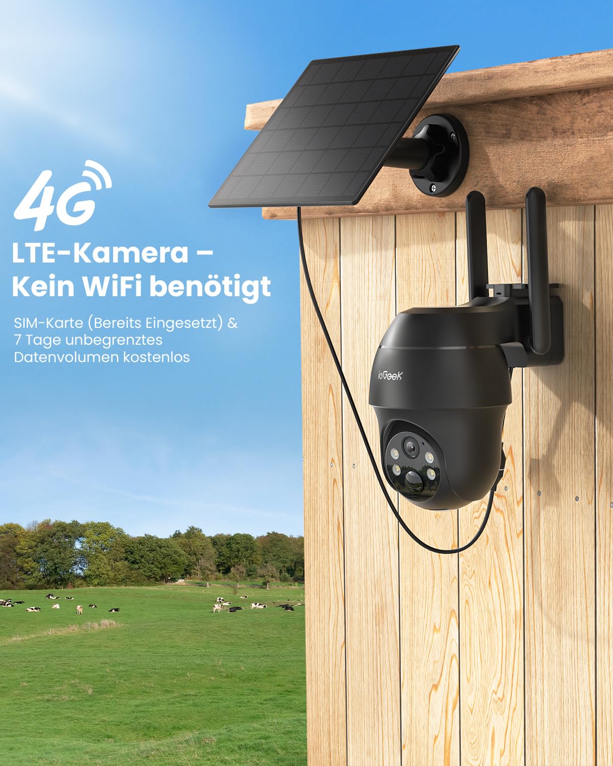 ieGeek 4G LTE Solar Outdoor Überwachungskamera mit SIM-Karte, Ohne WLAN | PIR Erkennung, 2K 360° Kabellose Überwachung mit Akku, App-Steuerung, Zwei-Wege-Audio, IP66 Wasserdichte, Schwarz Kamera