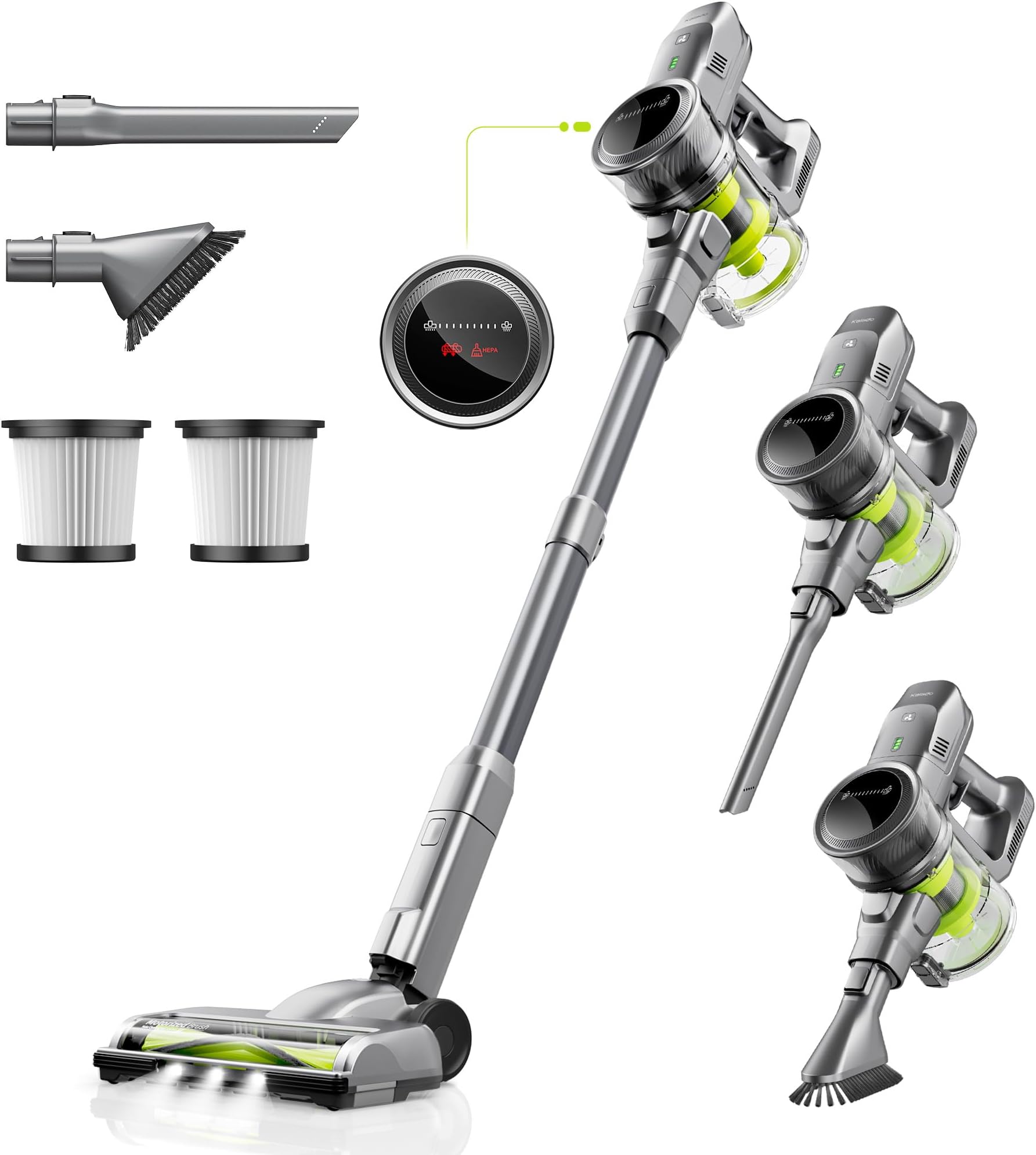 Cordless Vacuum Cleaner KCV01, 26KPA 250W Hoover Cordless, 40 Mins Runtime Removable Battery, Lightweight Self-standing Stick Vacuum Cleaner with LED Display For Hardwood Floor, Carpet (Green)