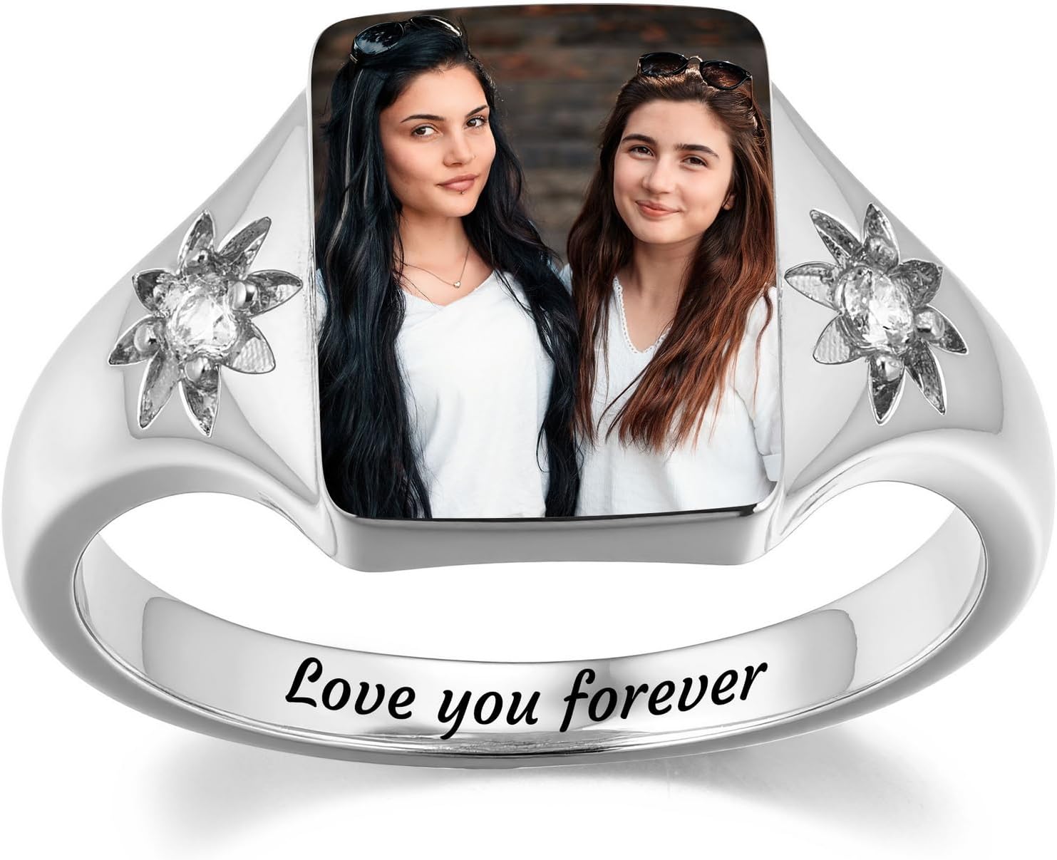 MMXX Personalized Birthstone Rings for Women - Personalized Photo & Name Promise Ring with Engraving Photo or Text Option Memorial Jewelry Gift for Lovers Mothers Women (Size 5-11)