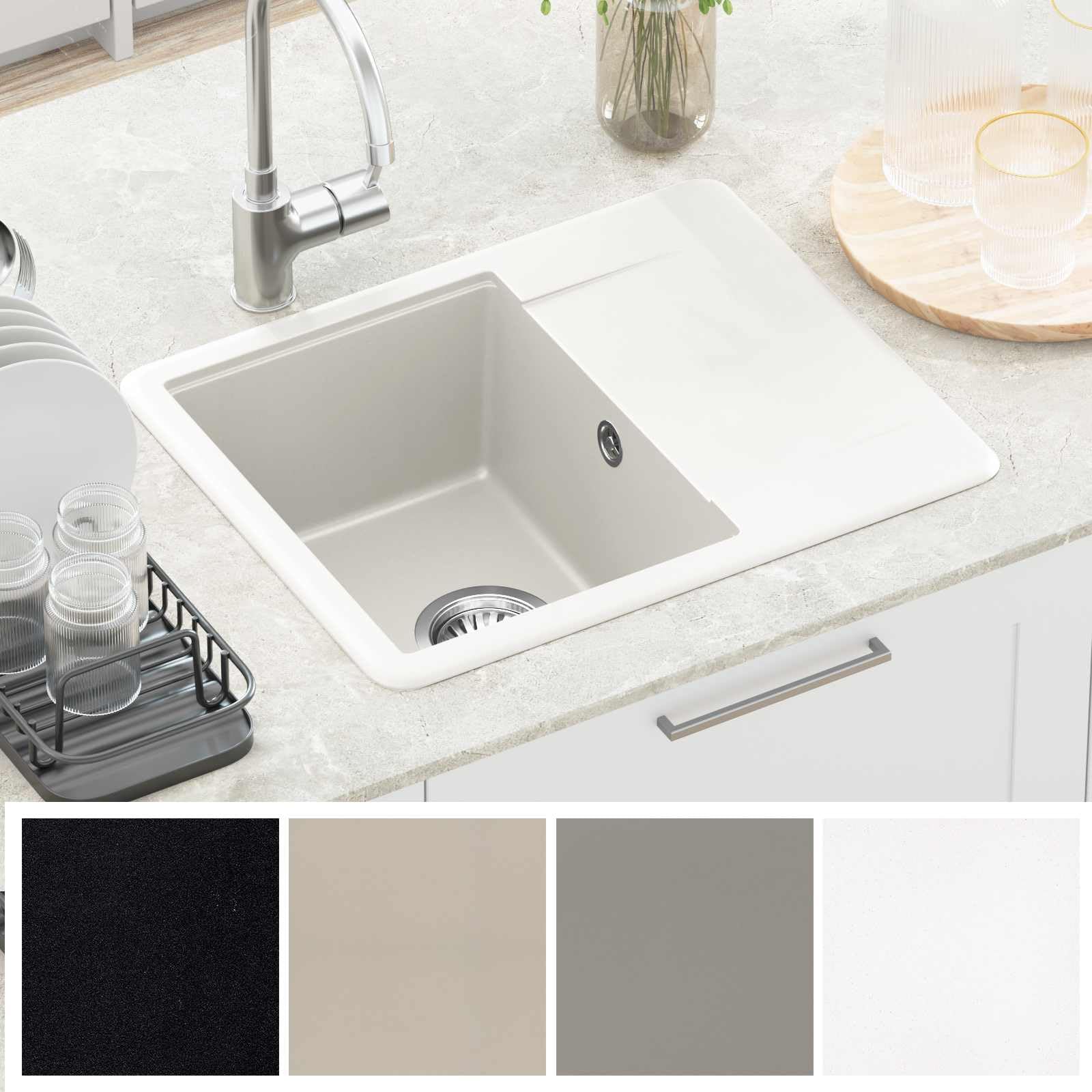 Fregadero de cocina de granito, 560 x 460 mm, color blanco | 80% cuarzo y 20% resina, rectangular, resistente a los arañazos, resistente al calor, fácil montaje