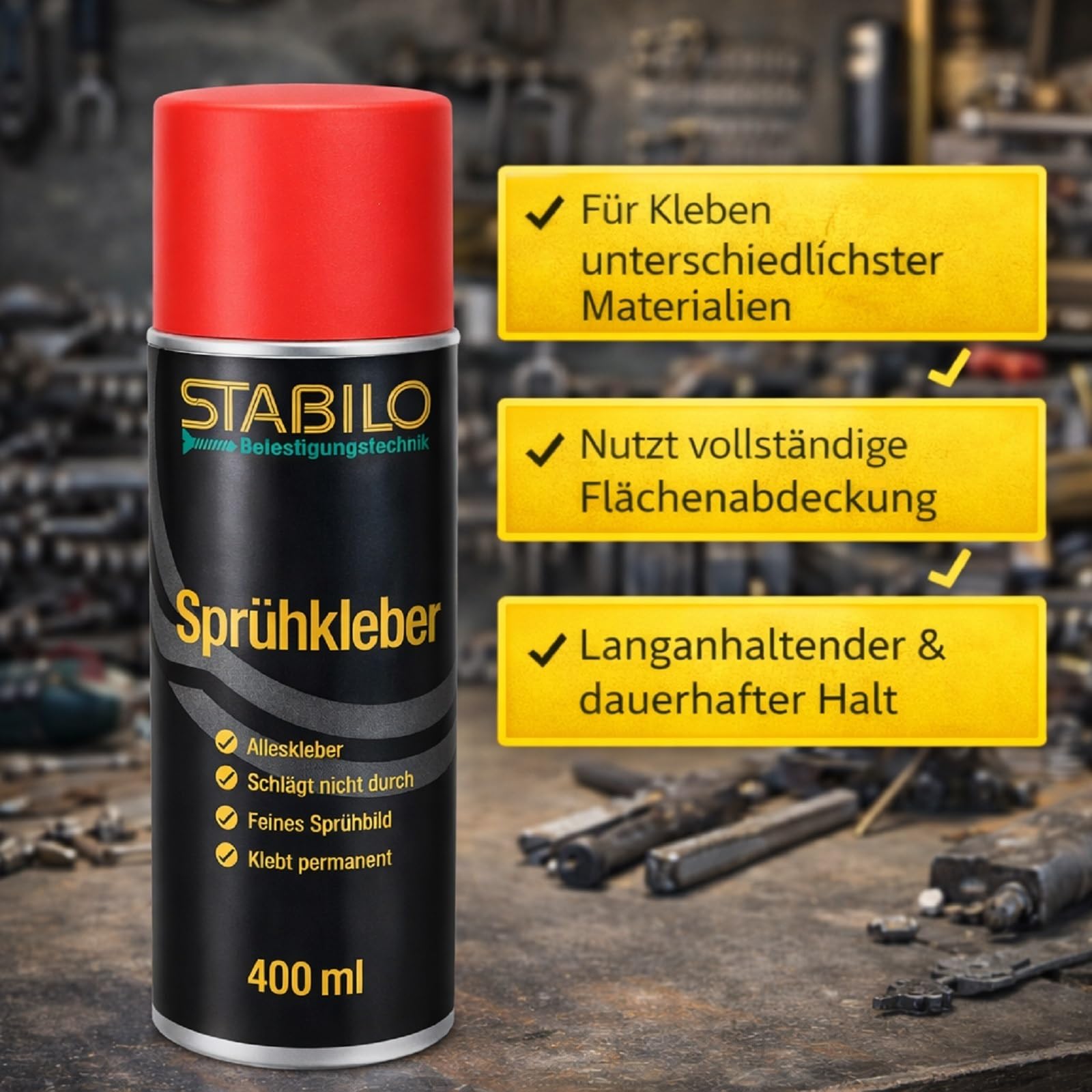 12x Sprühkleber 400ml | Alleskleber, Industriekleber, Klebespray, Kleber für Metall, Papier, Stoff, Leder, Filz, Styropor, viele Kunststoffe etc... | 12 Stück