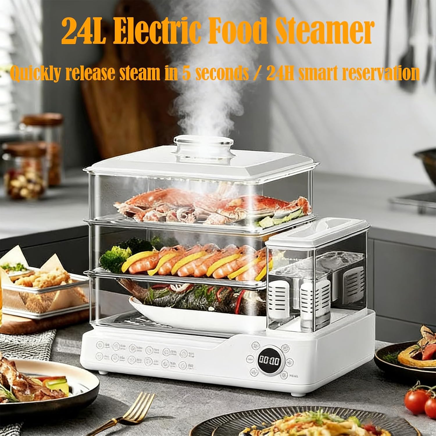 Electric Steamer: 24L/25QT Electric Steamer for Cooking, 3 Tier Food Steamer with Detachable Water Tank, Steamer for Food with 800W Power for Veggies, Seafood & Rice, BPA-Free
