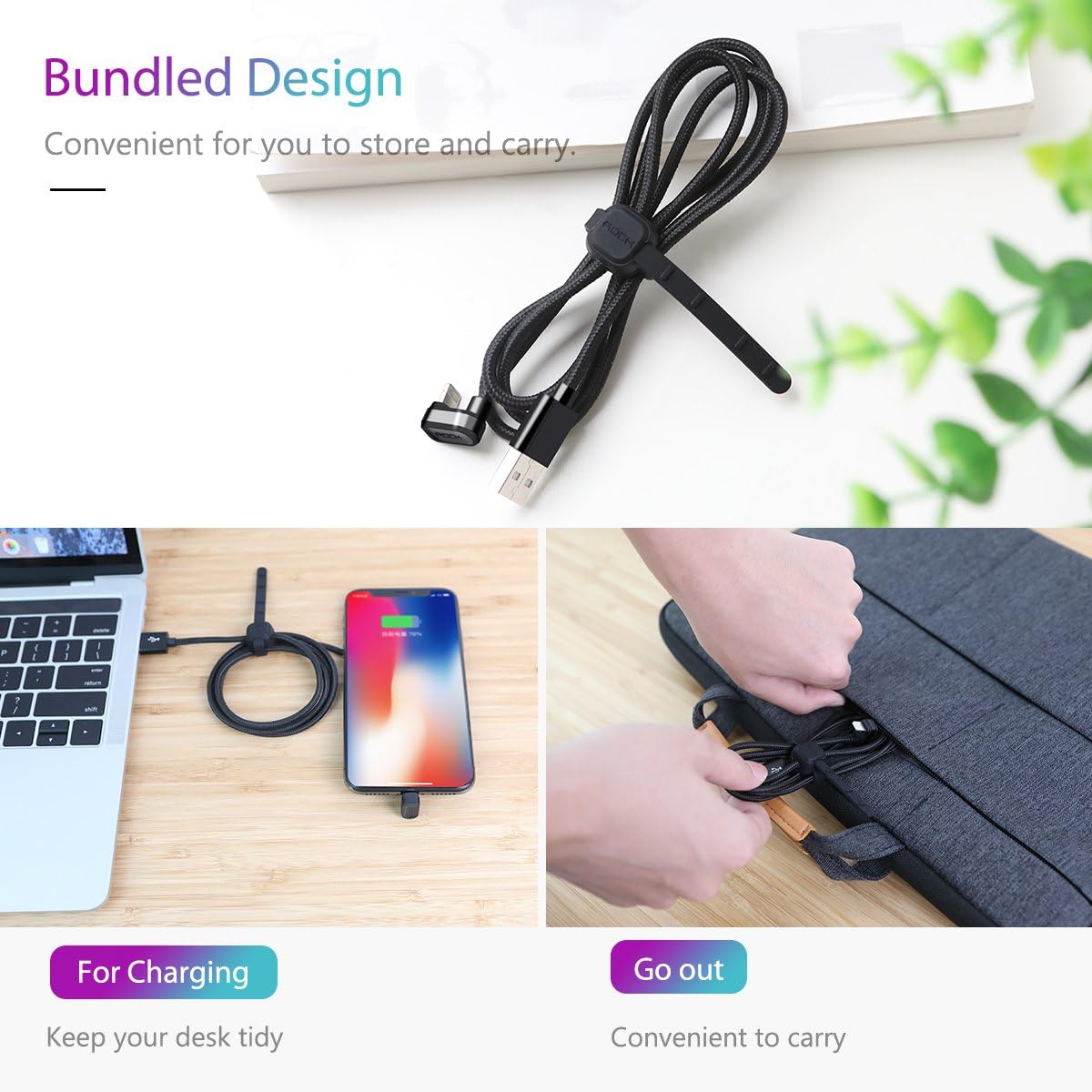 Phone Charger Cable, ROCK SPACE 3.3ft/1M 180 Degree Angle U-Shaped Nylon Braided Charging Cord USB Data Sync Game Playing Powerline Compatible iPhone iPod, iPad, IOS11 More