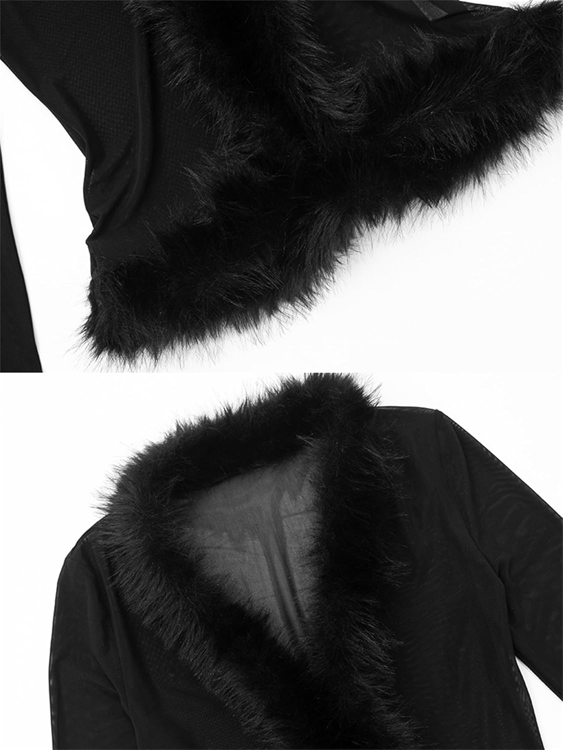 Women Mesh Faux Fur Trim Top Sexy Sheer Fuzzy Long Sleeve V Neck Open Front Crop Shirt Y2k Fairy Rave Party Clubwear - Image 5