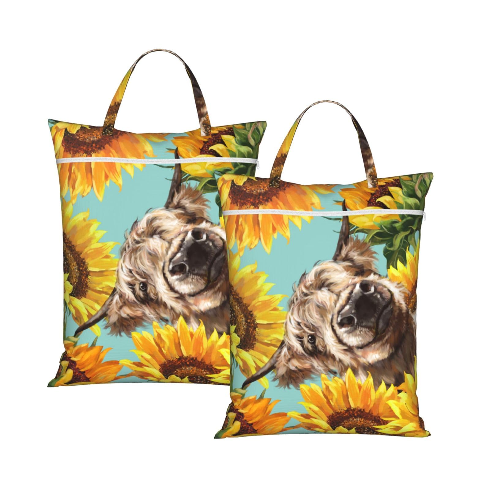 Yfsgdlbn 2Pcs Cow With Sunflowers In Blue Printed Travel Dirty Laundry Bag Clothes Pack Storage Basket Bag