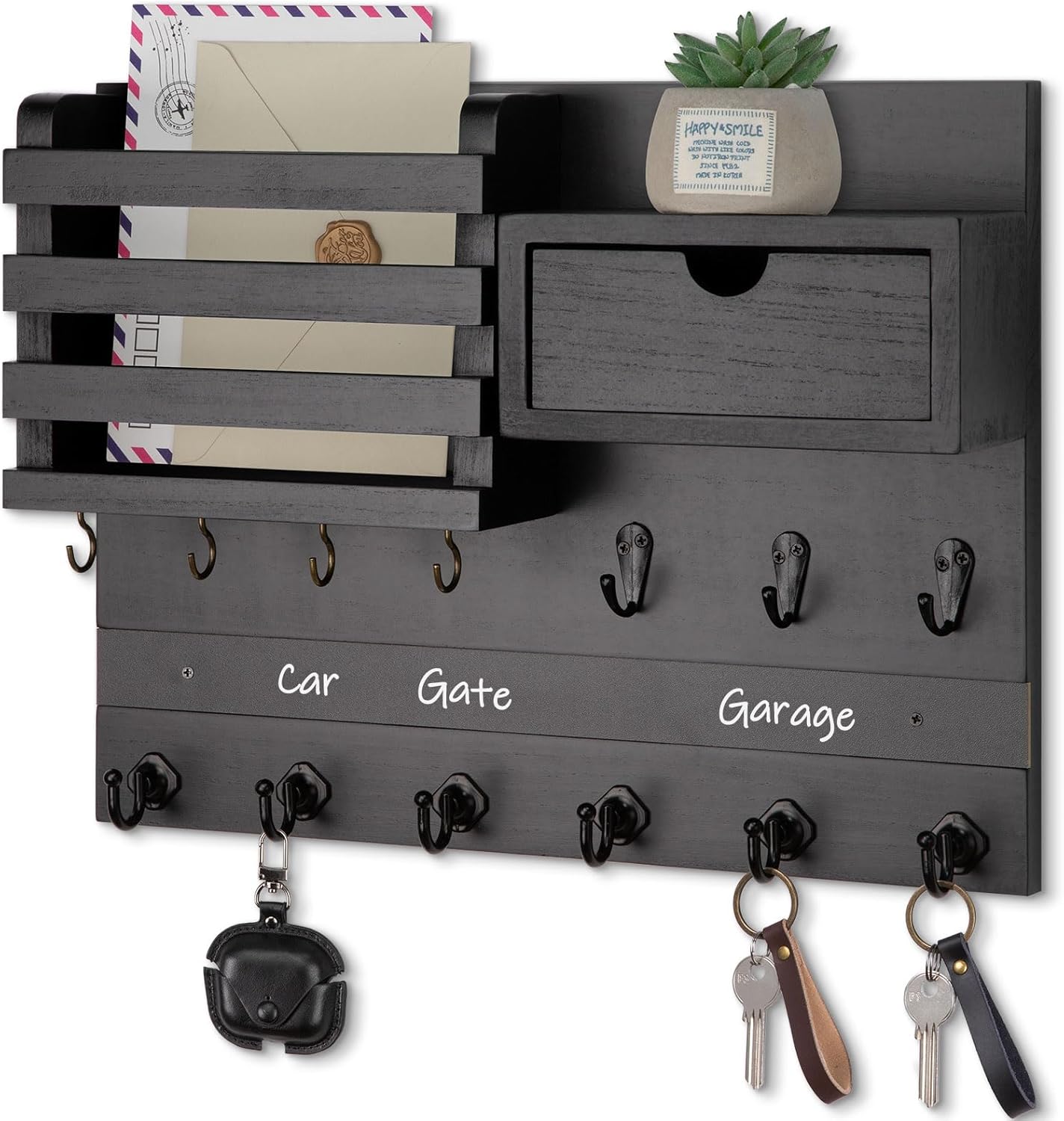 Nekon Key Holder Wall Mount, Rustic Mail and Keys Shelf for Wall Organization with 13 Hooks, Home Decor Accessory with Drawer, Black