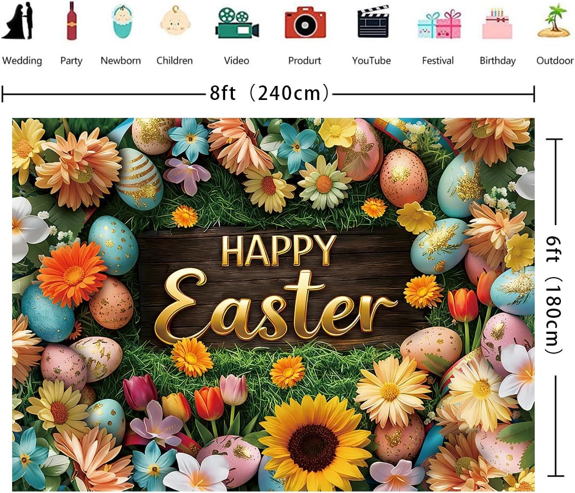 Happy Easter Backdrop 10x8FT Spring Green Lawn Flowers Colorful Eggs Photography Background Easter Party Decorations Supplies Photo Props