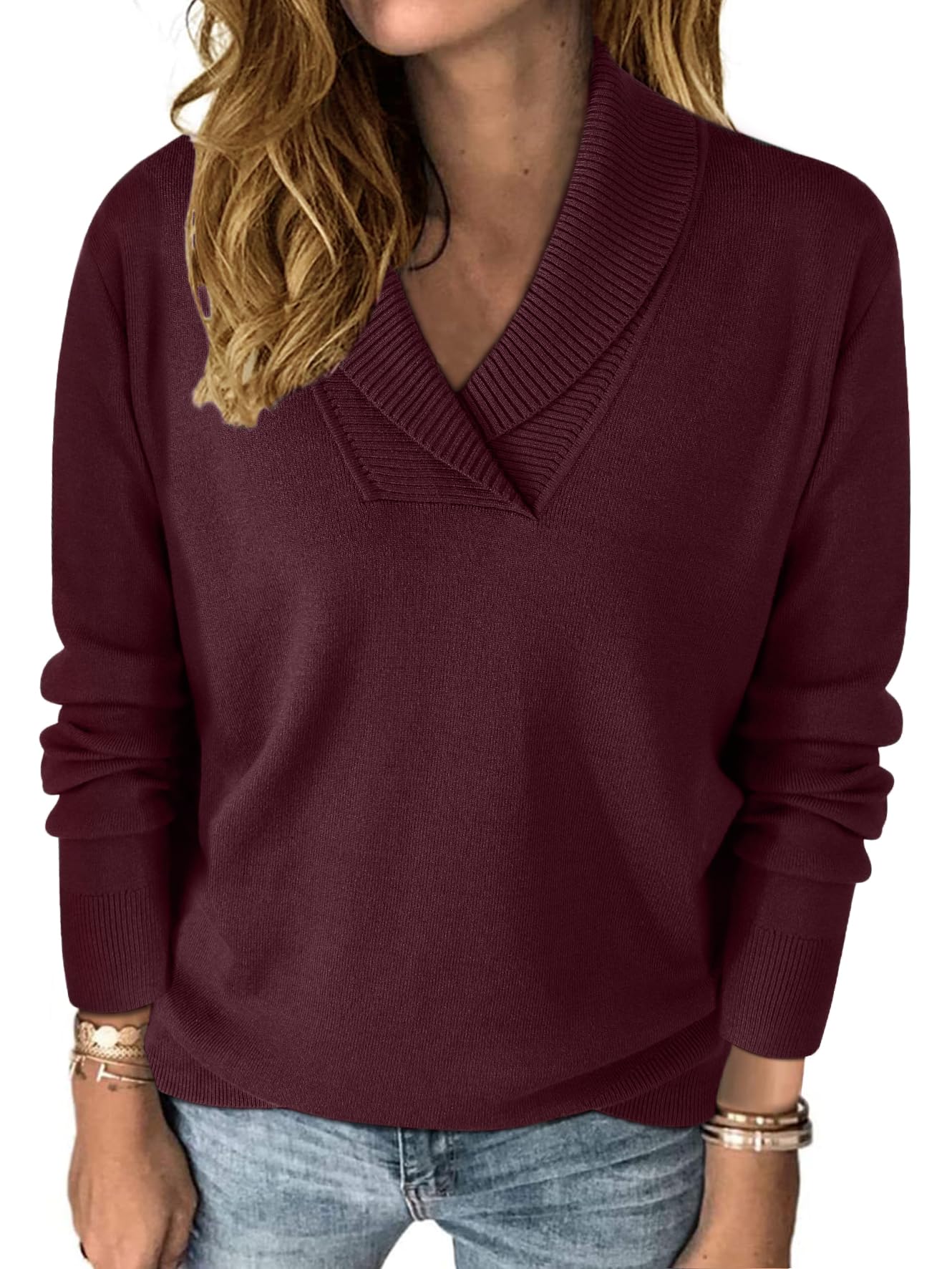 HDLTE Casual V Neck Sweaters for Women Shawl Collar Long Sleeve Work Sweater Dressy