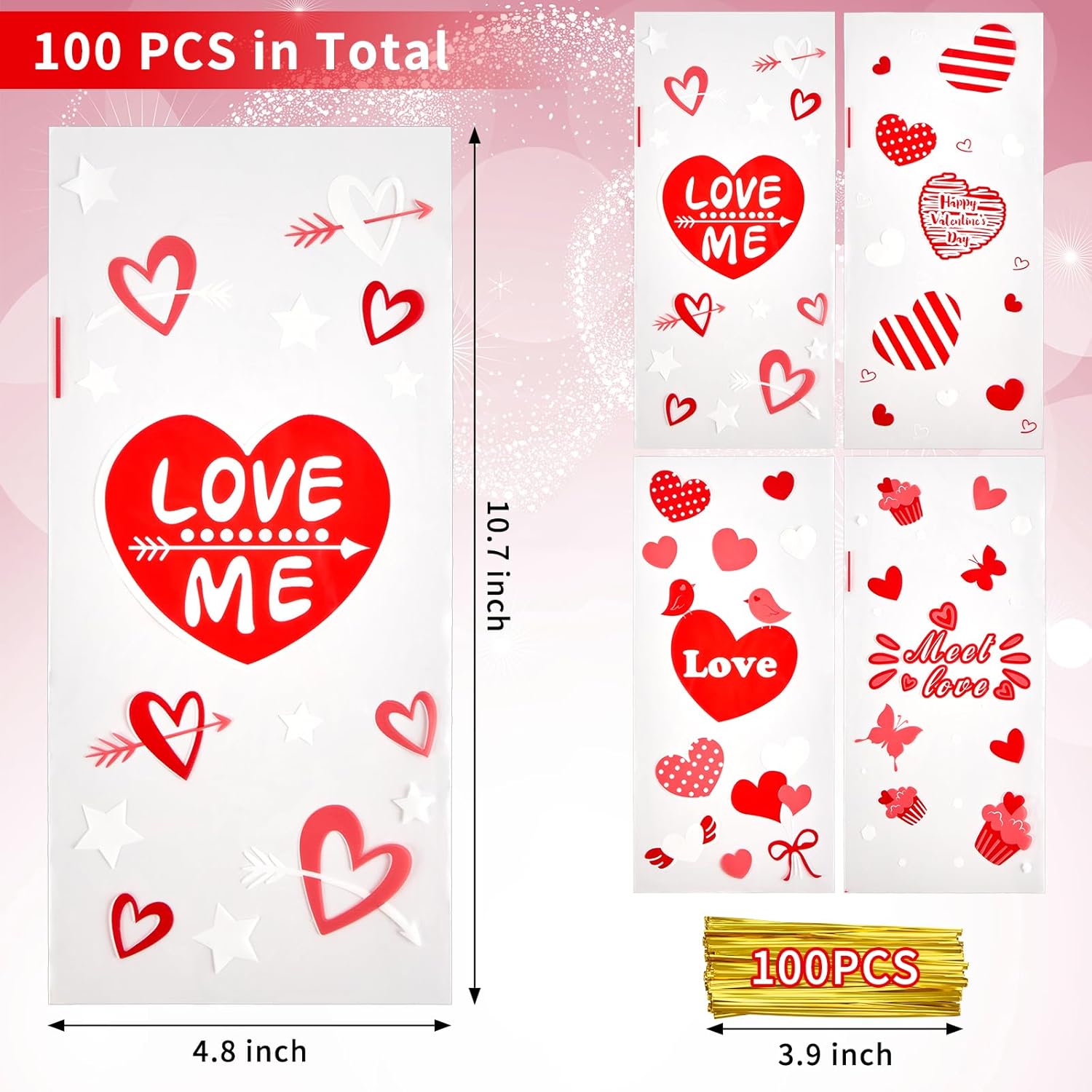 Ohuimrt Valentines Cellophane Treat Bags, 100 PCS Red Heart Valentines Day Gift Bags with Ties, Clear Goodie Bags for Snack Candy Cookie Party Favor Packaging - Image 2
