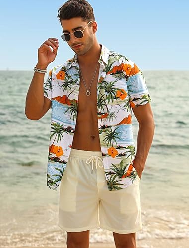 Miniatura 2 de EISHOPEER Conjunto de camisa hawaiana para hombre, camisa de manga corta con botones y pantalones cortos de playa sólidos de secado rápido, tallas