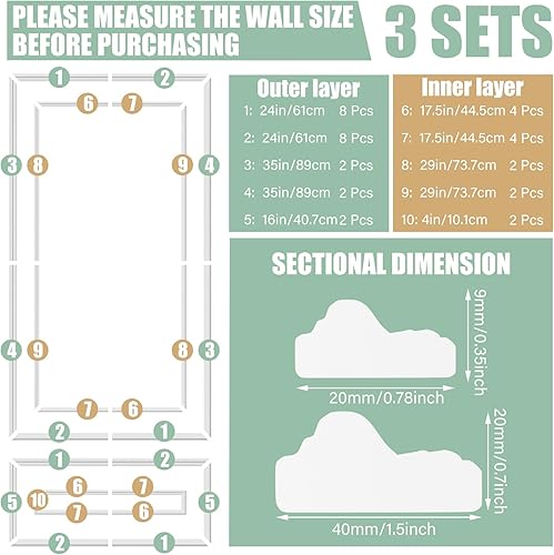 Miniatura 2 de Pangda Juego de 3 molduras de pared adhesivas estilo capa interior y exterior, panel de zócalo prefabricado para decoración de molduras de pared
