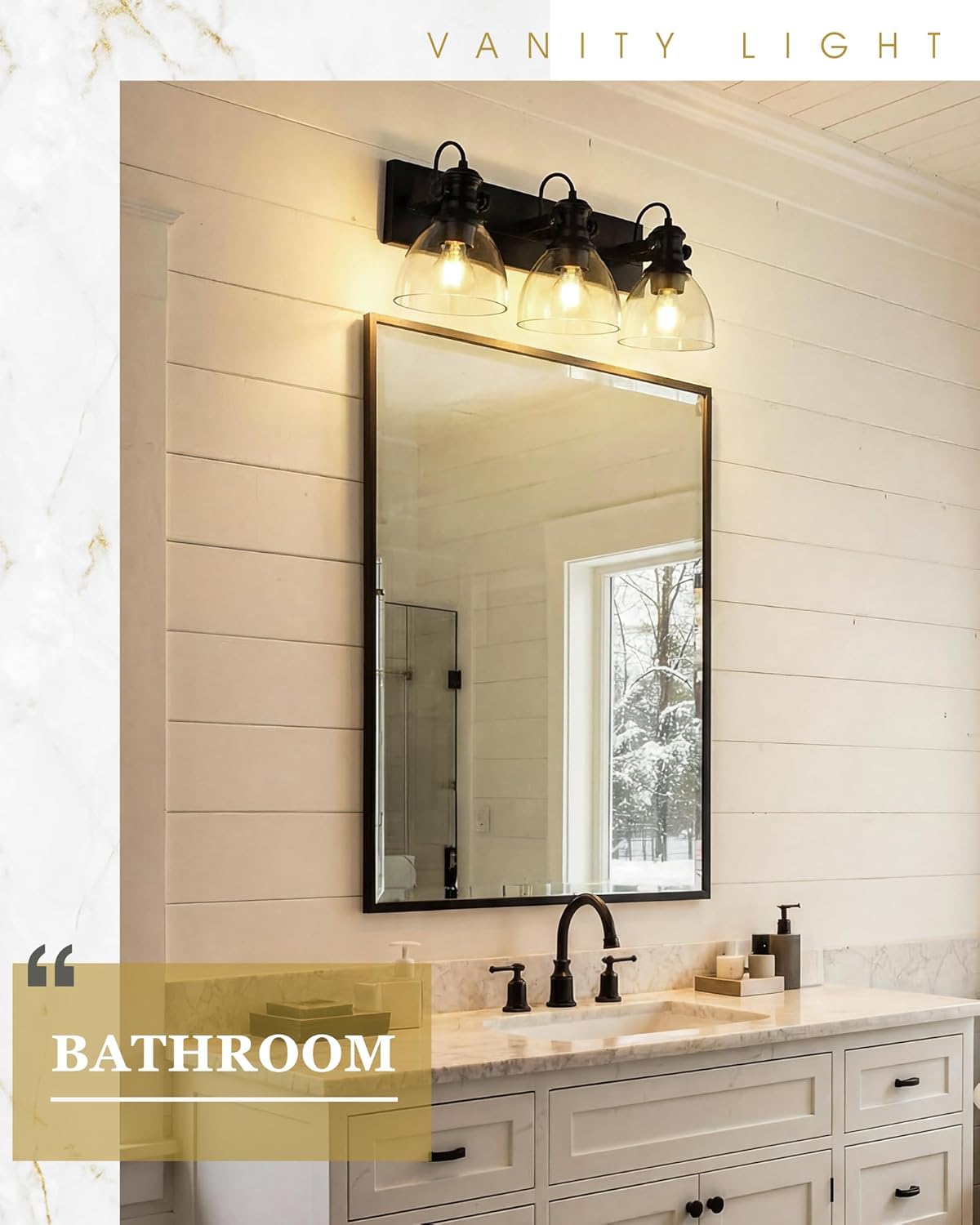 3-Light Bathroom Light Fixtures, 23" Black Vanity Light with Clear Glass Shades, Vintage Retro Vanity Lighting Fixtures Over Mirror, AD-22151-3W-BK