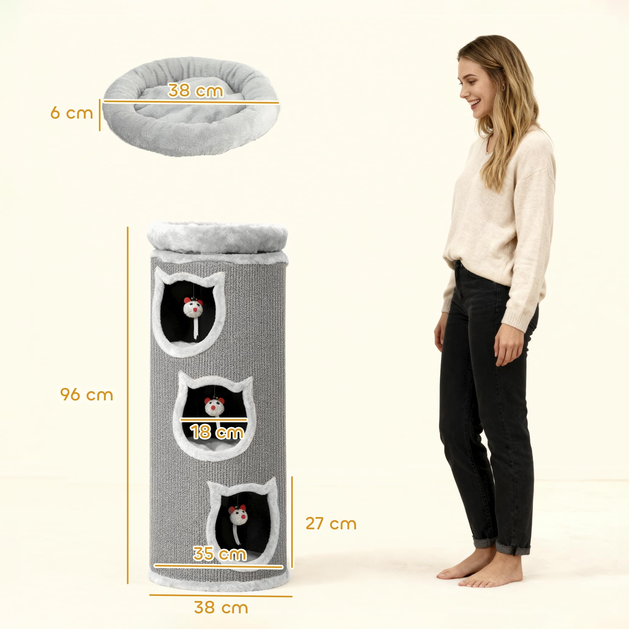 PawHut Kratztonne 96 cm Hoch Ø 38 cm vierstöckige Katzentonne mit Plüschrand, abnehmbarem und waschbarem Plüschbett, Katzenhöhle, Kratzbaum für Katzen unter 6 kg, Grau