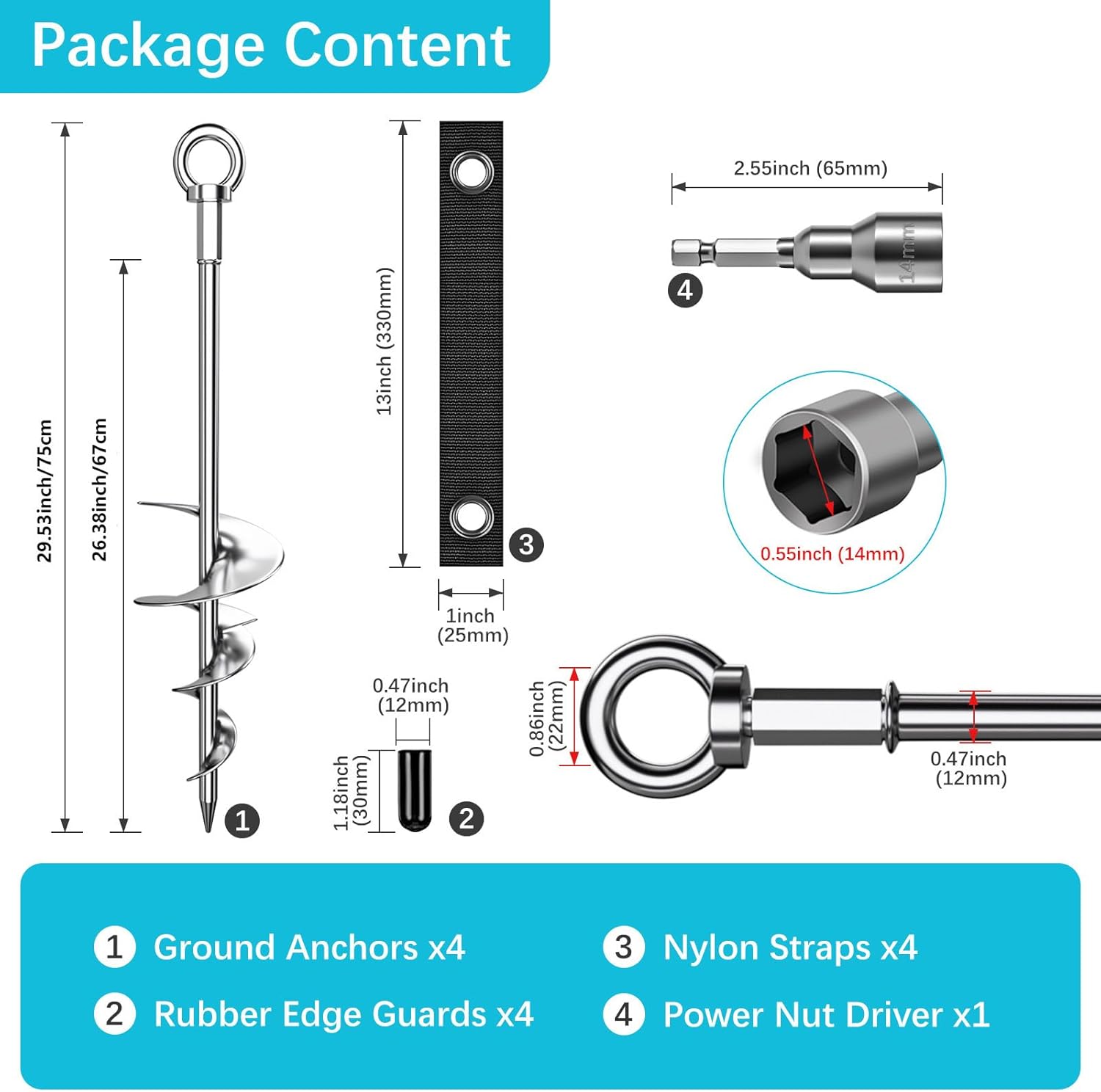 28'' Ground Anchors, Fully Welded Heavy Duty Ground Anchor Screw in Swing Set Anchors Chrome Plating Anti Rust Trampoline Anchor with Straps for Dogs, Trampoline Stakes Resistant High Wind