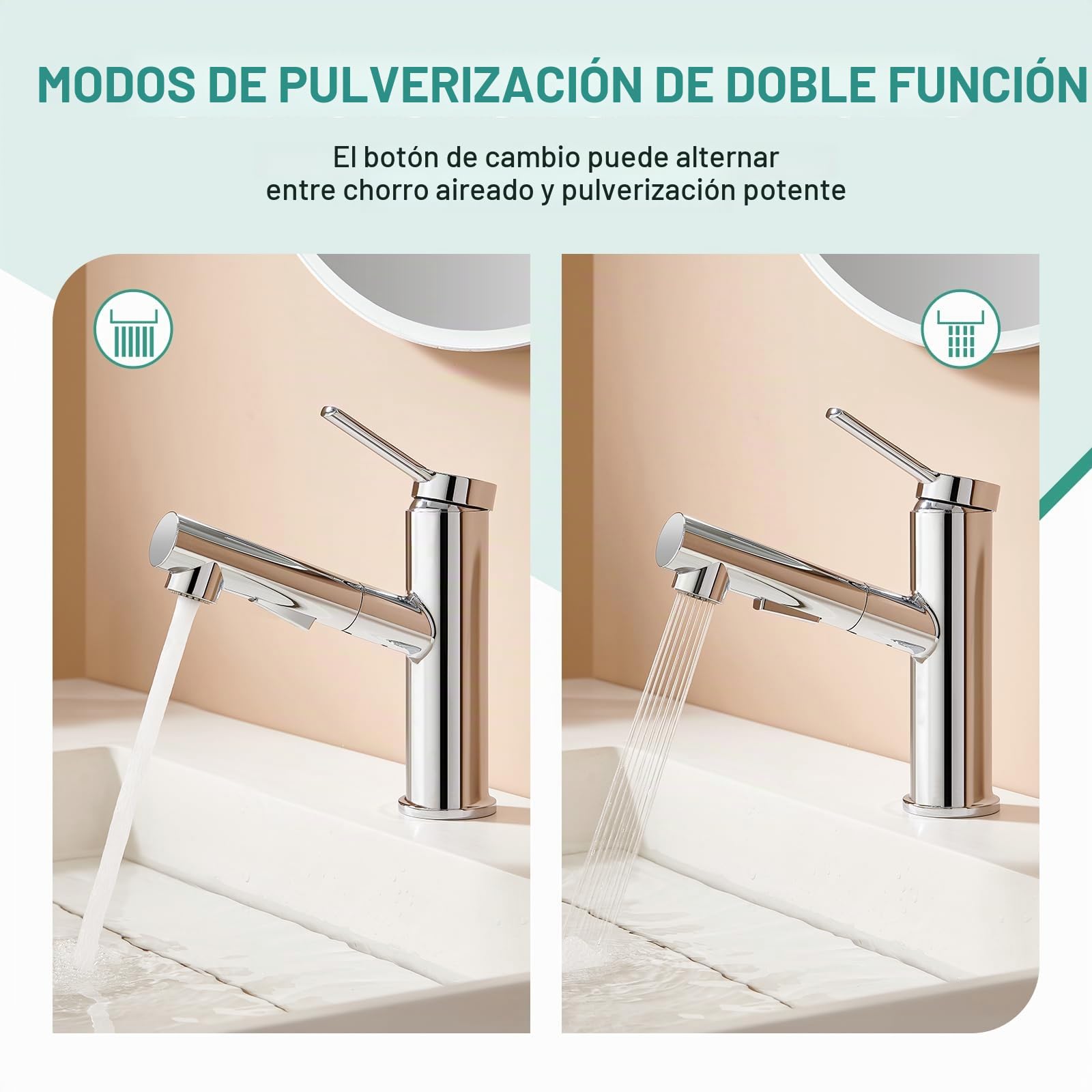Faustina Grifo Lavabo de Baño Extraible, Mezclador Monomando, pulido cromado