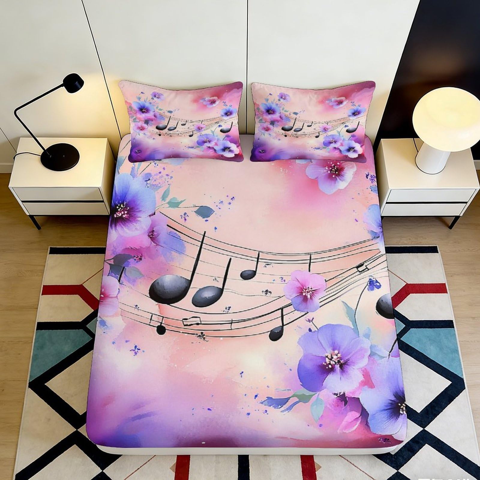 3D Printed Music Flower Fitted Sheet Microfiber Deep Pocket Full Wrap Music Mattress Fitted Cover Non-Slip Washable Bedding 200x200x25cm 90x200x25cm
