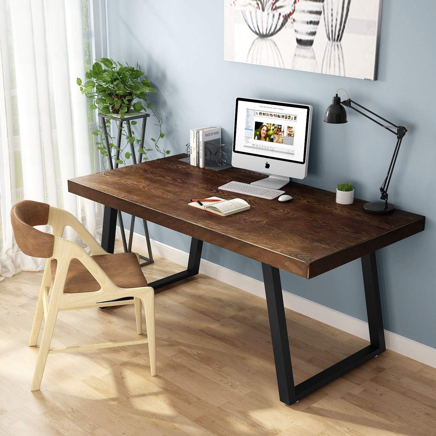 Tribesigns 55" Rustic Solid Wood Computer Desk with Heavy-Duty Metal Base, Industrial Retro Home Office Desk Works as Writing Desk, Computer Table or PC Laptop Table (Retro)
