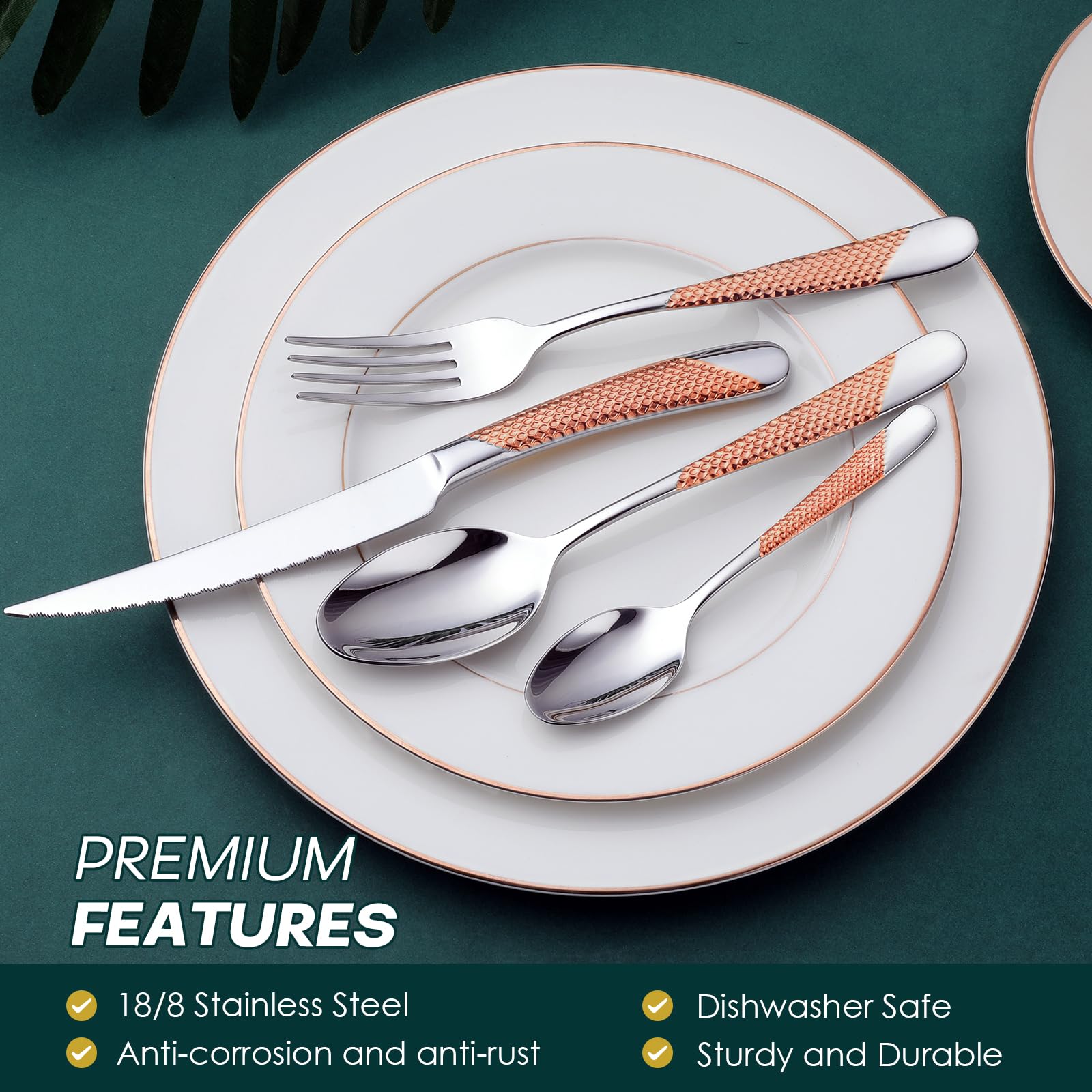 Hammered Silver Rose Gold Silverware Set, OGORI 24-Piece 18/10 Stainless Steel Flatware Set, Service of 6