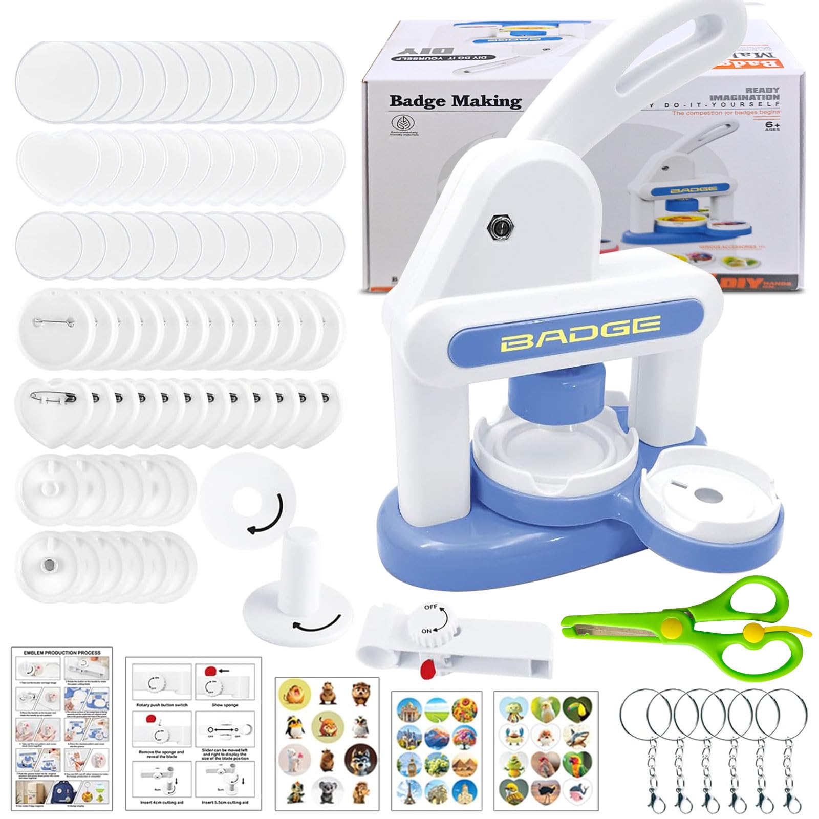 Macchina per Spille, 3IN1 Button Maker Badge Machine Blu Macchina da Stampa per Badge, Stampanti Badge 55/40MM Spille Personalizzate kit Portachiavi Fai Da Te per Regali di Compleanno e Natale
