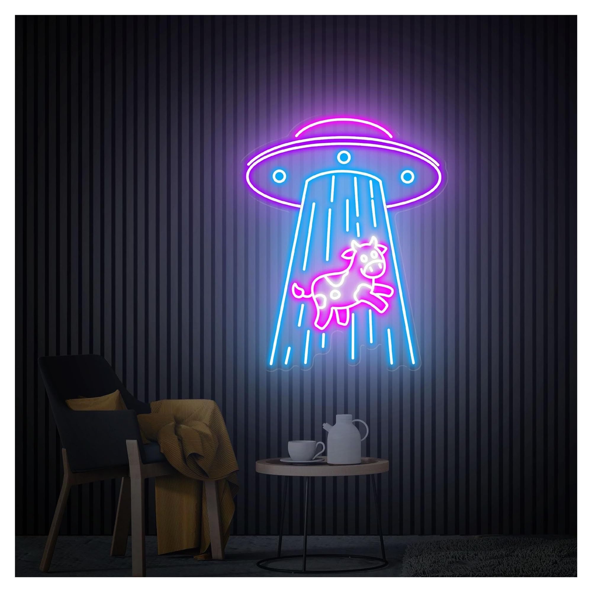 RONGCH Hanging Art Signs UFO Kidnapping Cow Neon Sign,Suitable for Bedroom Decor with Dimmable 48cmx60cm(G)