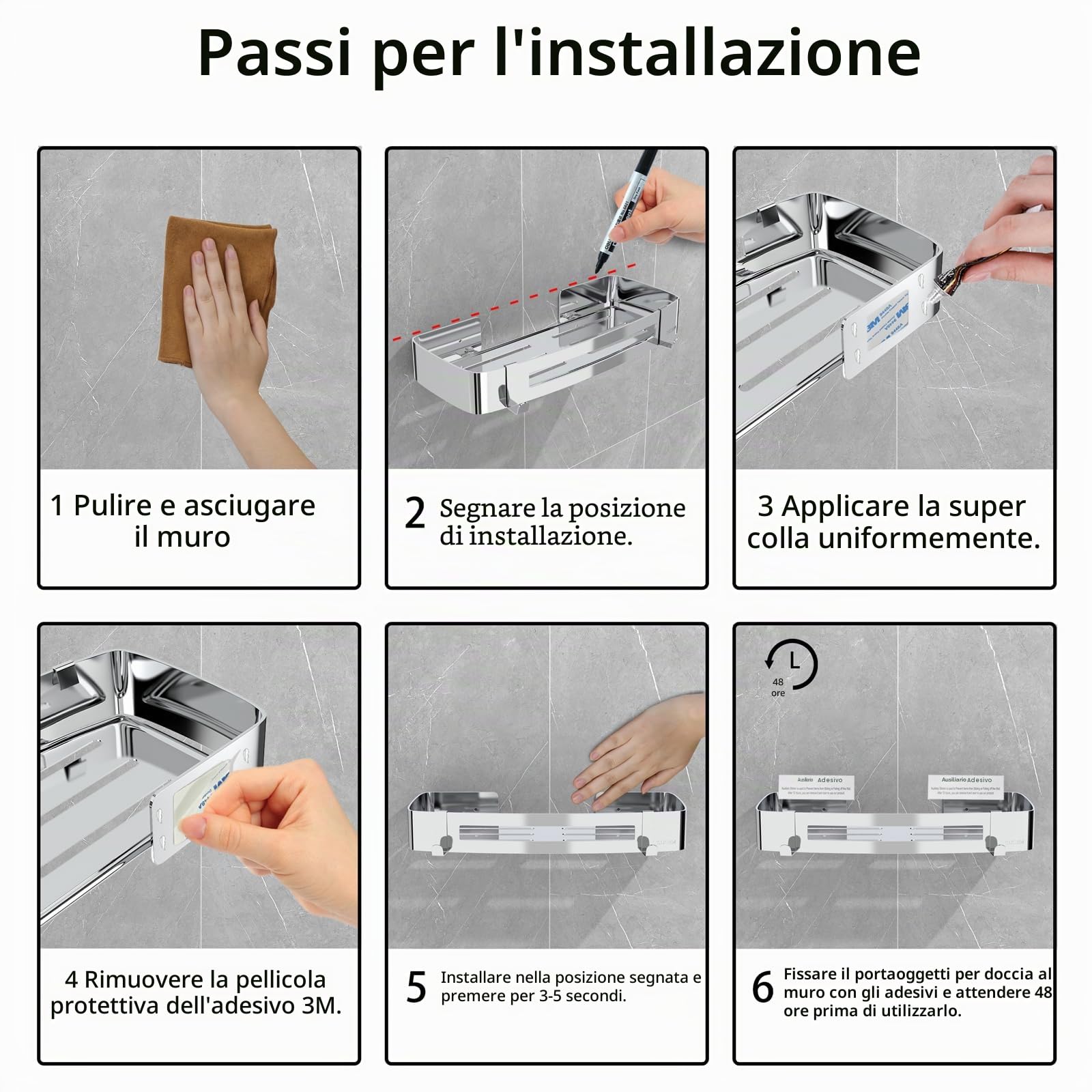 Mensola Doccia Senza Foratura, Mensola per Docciain SUS 304 Acciaio Inox con 4 Ganci, Organizer Adesiva Angolare Rettangolare Accessori da Bagno per Doccia, Bagno, Cucina (Argento - 1 Strati)
