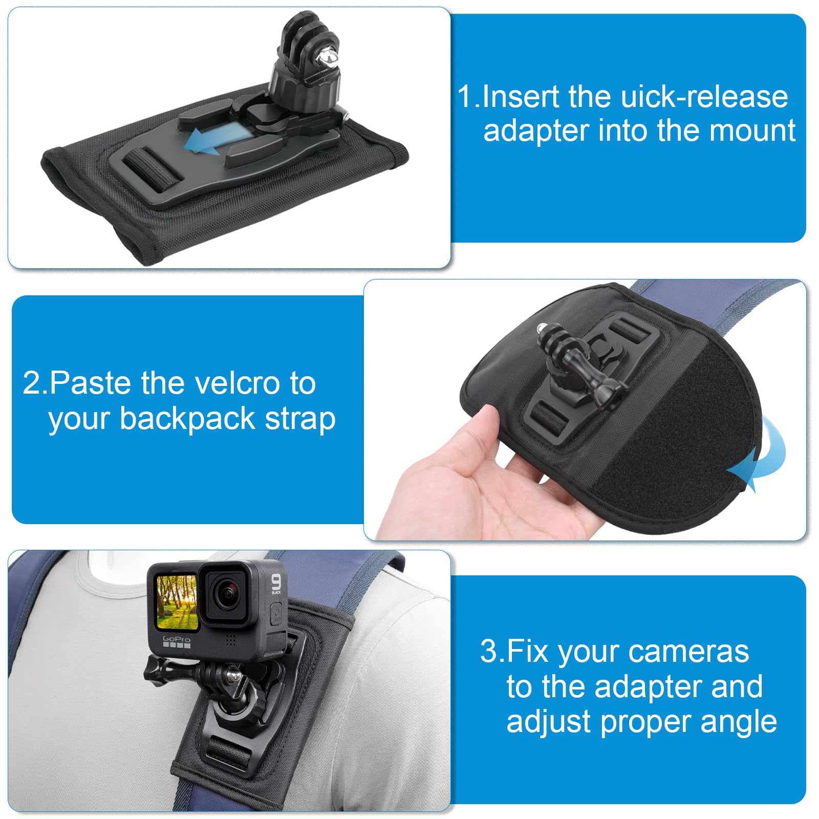 Support Sac à Dos Rotatif 360° Pour GoPro - Compatible Hero, DJI, Insta360 Et Autres Caméras D'action