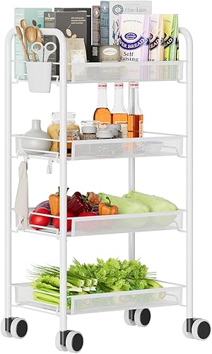 Miniatura 7 de Carrito de metal de 4 niveles con ruedas, con cestas, fácil de transportar y montar con práctico cubo y ganchos, blanco MRC01W