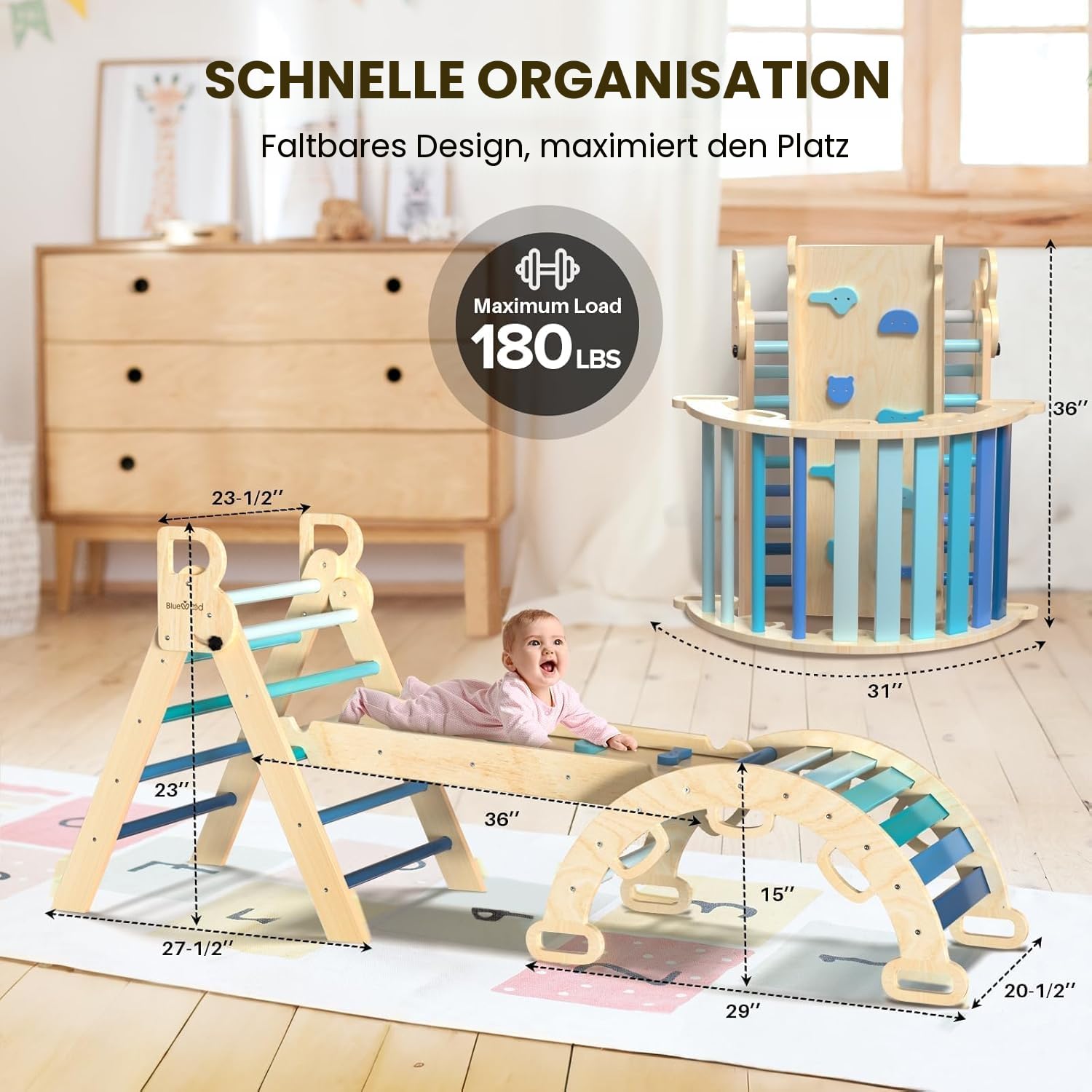 BlueWood 7-in-1 Montessori Kletterdreieck mit Kletterbogen und Rutsche, Holzdreieck für Kleinkinder, Indoor Kletterspielzeug für Kleinkinder, klettergerüst Indoor ab 1 Jahr